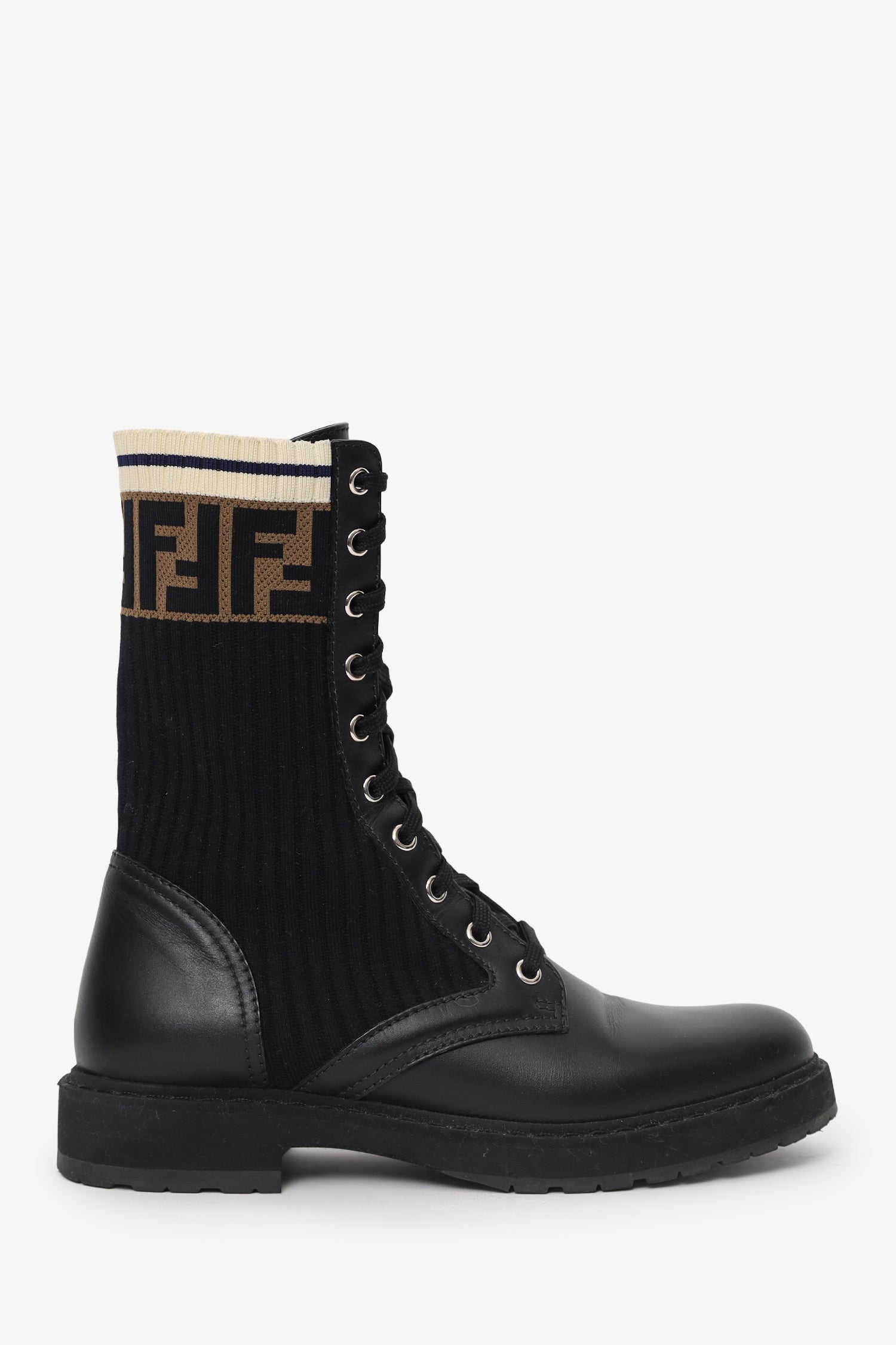 Fendi Handbag Zucca Stretch Knit Combat Boots Leather Black Shoes