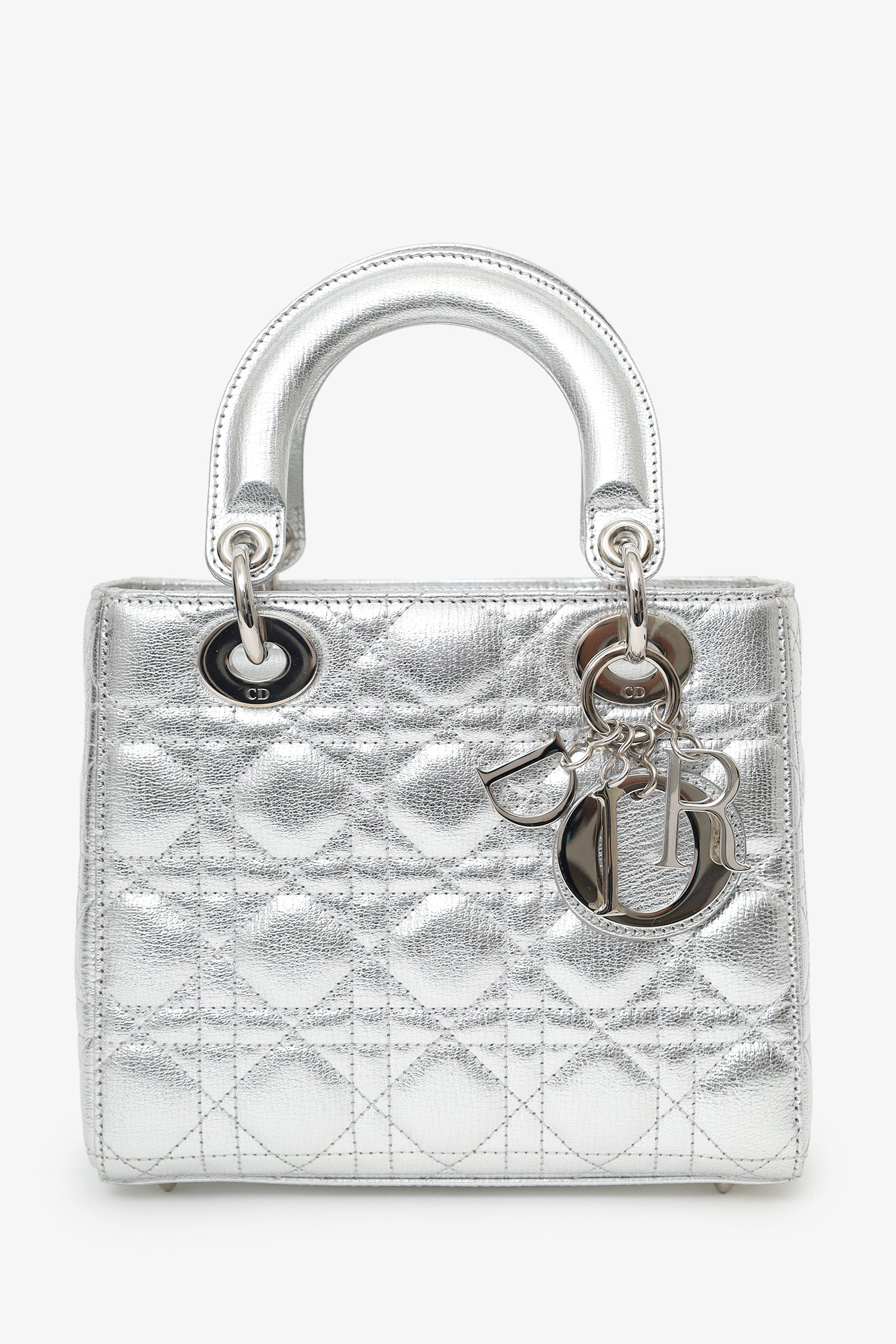 Dior Handbag Christian Metallic Cannage Lady With Strap Leather Silver Small