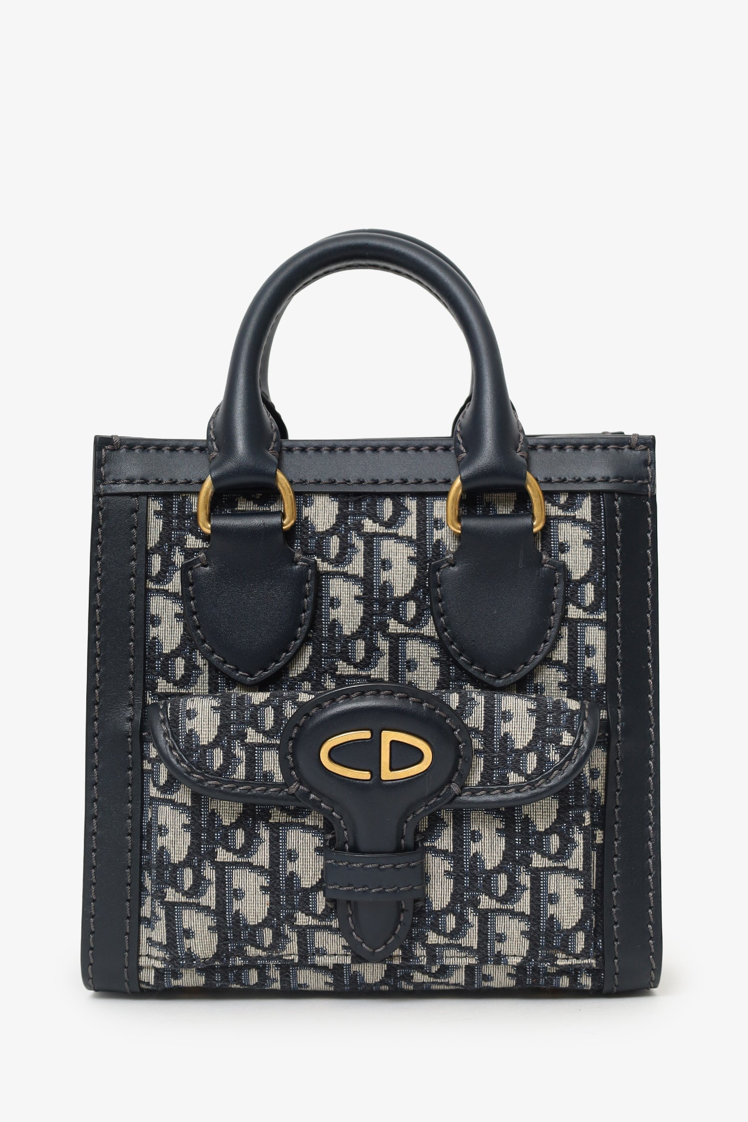 Dior Tote Bag Christian Oblique With Strap Leather Canvas Navy