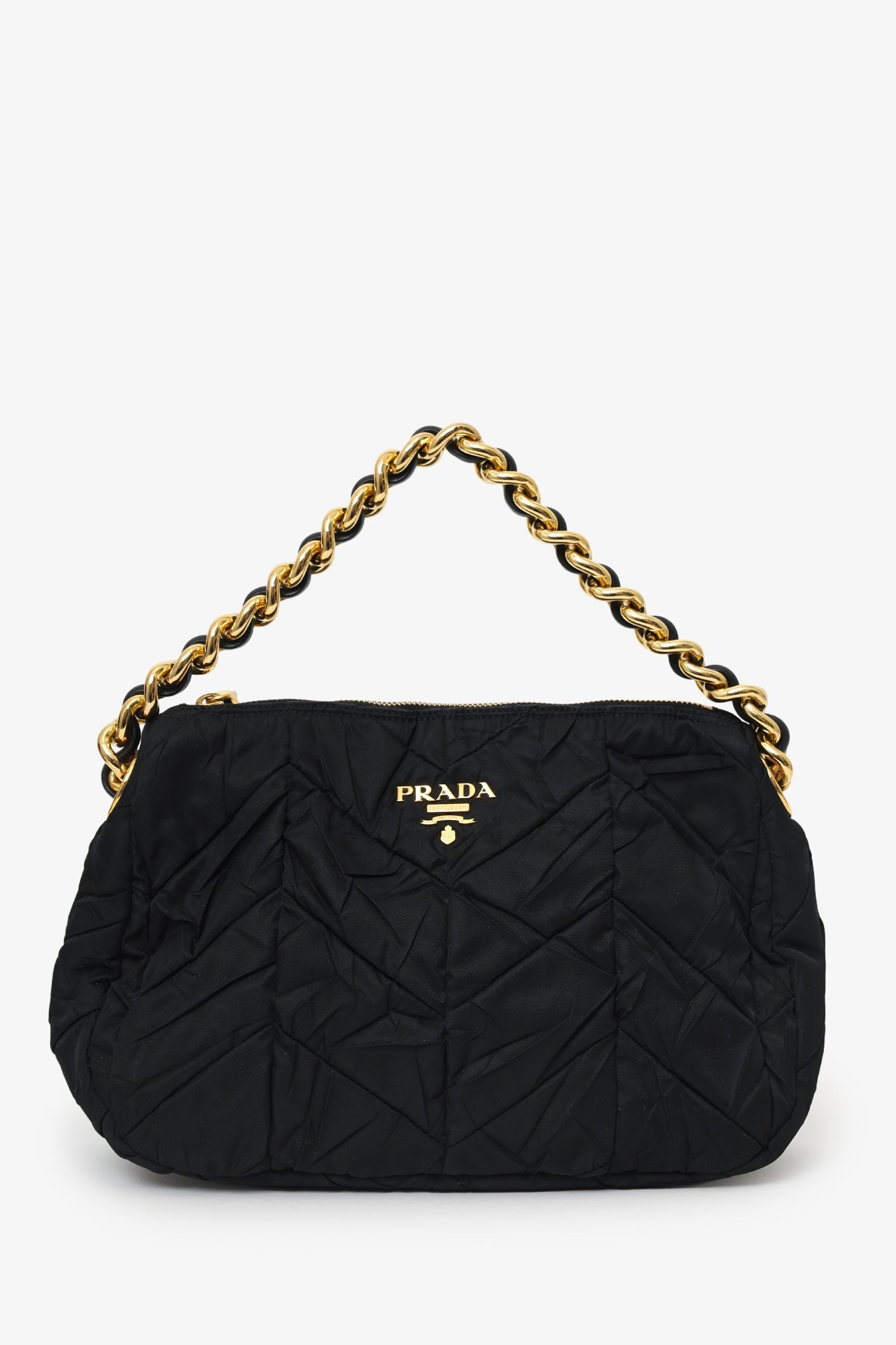 Prada Handbag Chevron Tessuto Strap Bag Quilted Black Chain