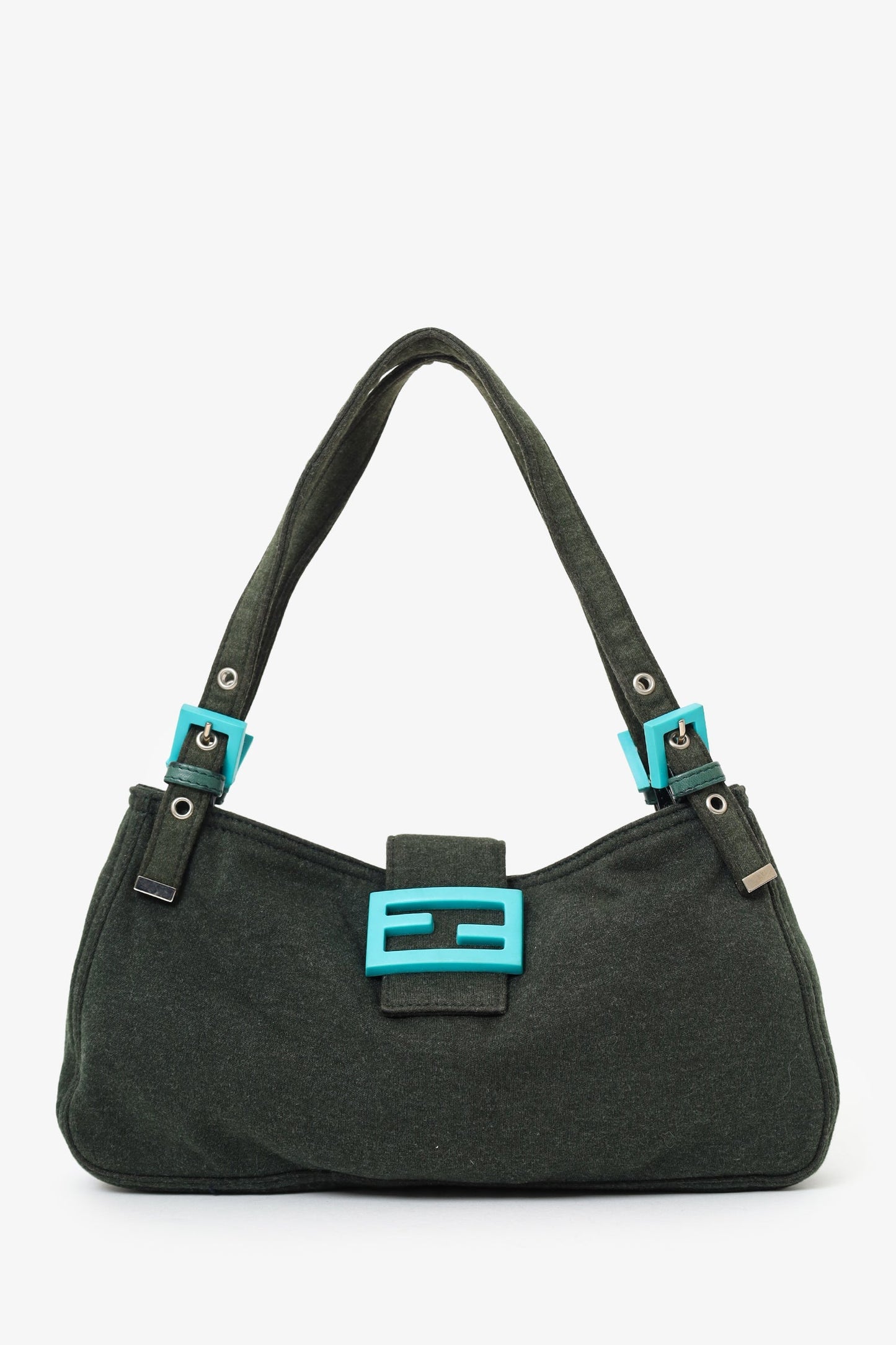 Fendi Handbag Jersey Double Strap Mama Baguette Bag Blue Green Shoulder Bag