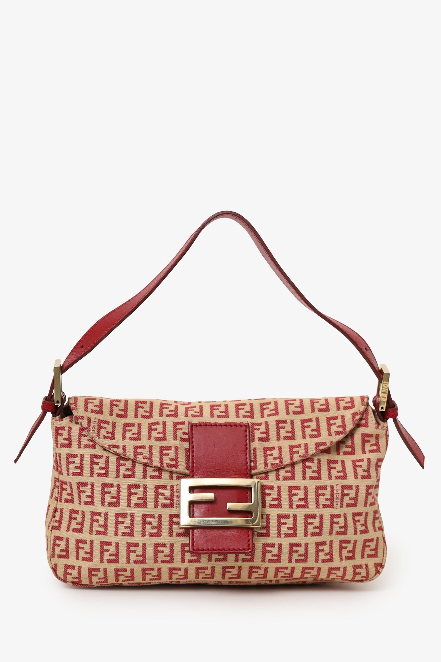 Fendi Shoulder Bag FF Zucca Double Baguette Canvas Beige Red