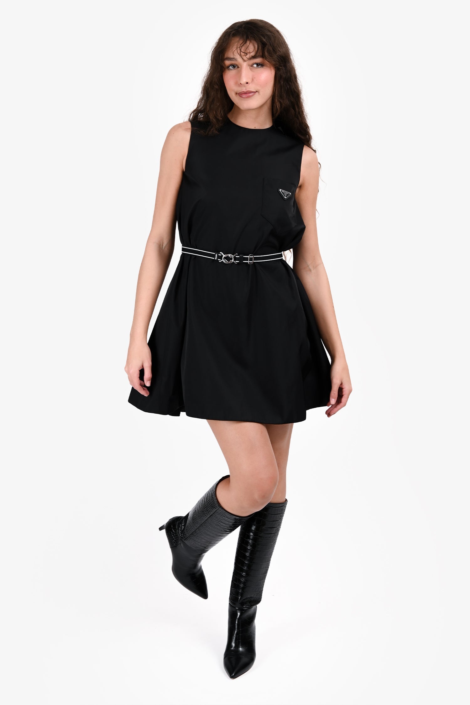 Prada Handbag Re- 'Gabardine' Belted Midi Dress Nylon Black