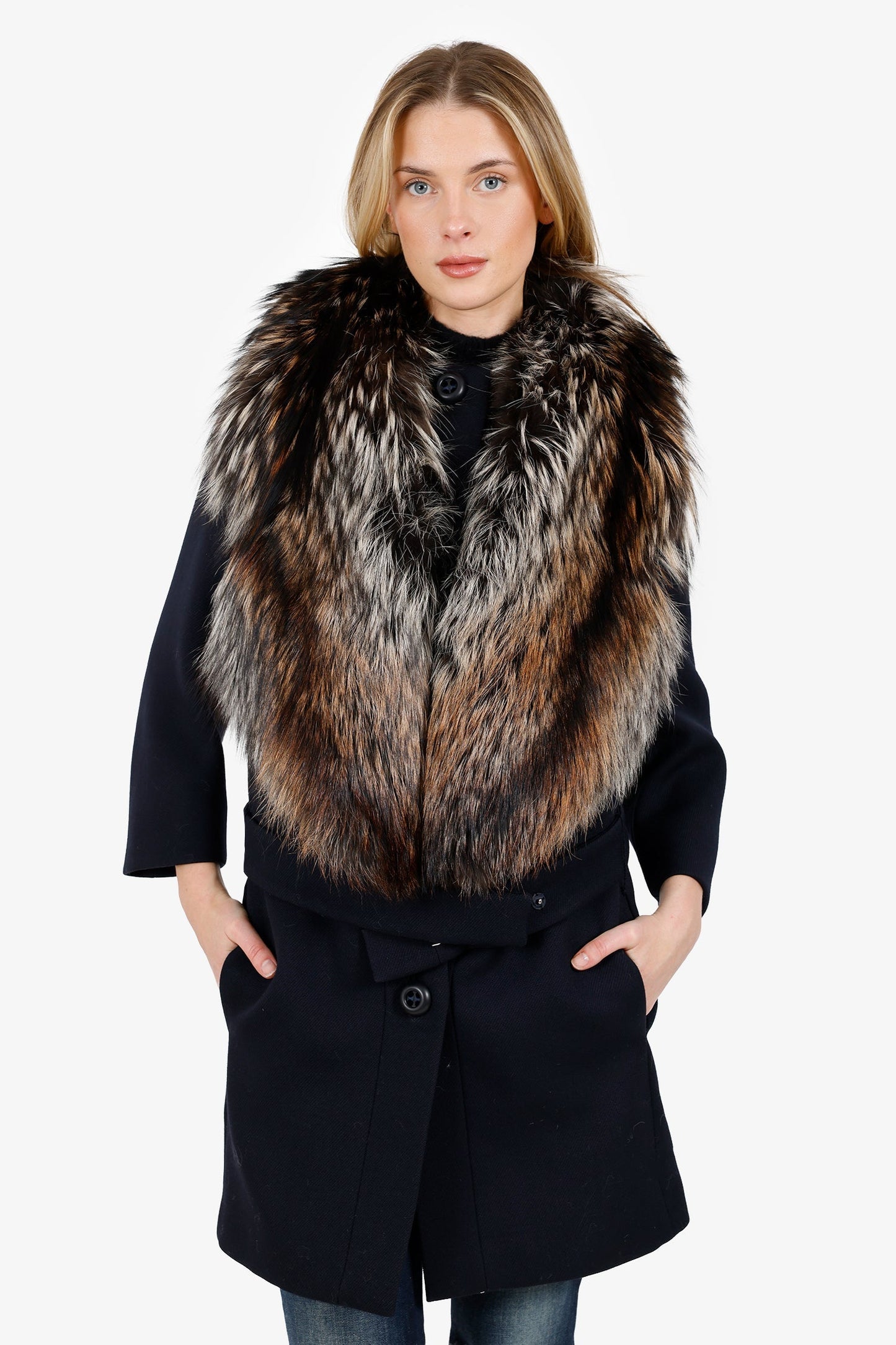 Prada Handbag Wool Belted Coat With Fox Fur Black