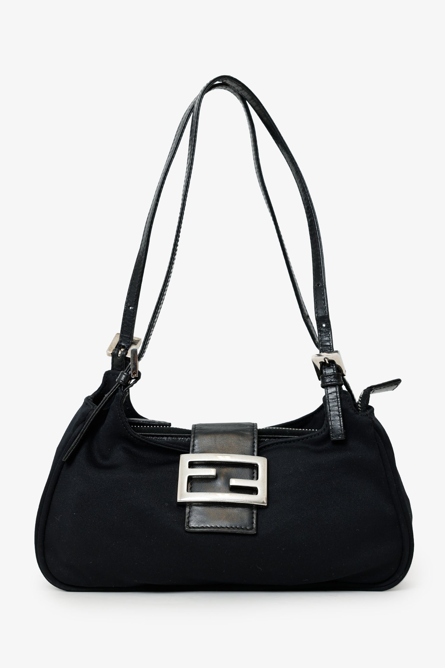 Fendi Shoulder Bag Fabric Double Strap Mama Baguette Bag Black