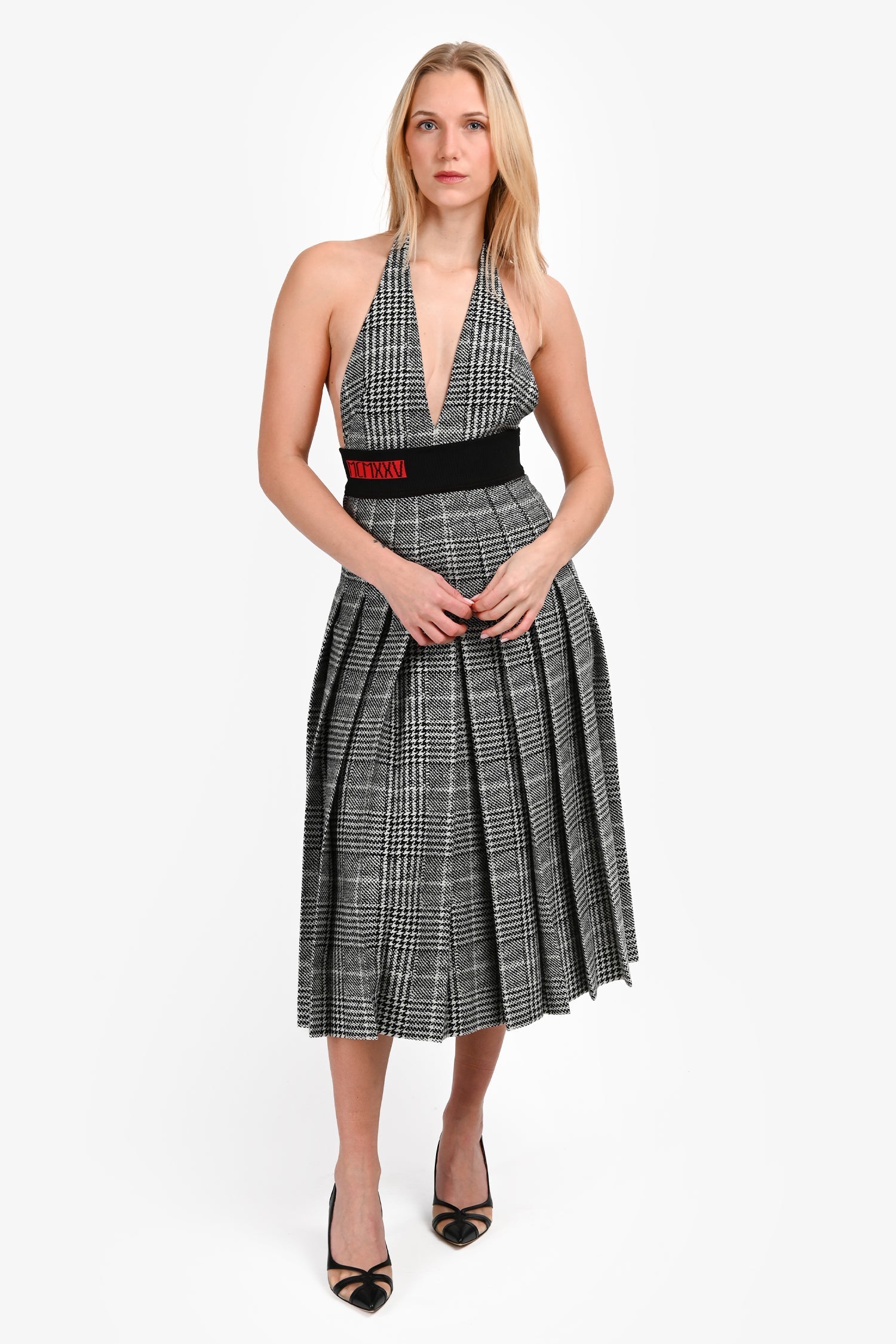 Fendi Handbag Houndstooth Pleated Midi Dress Black White