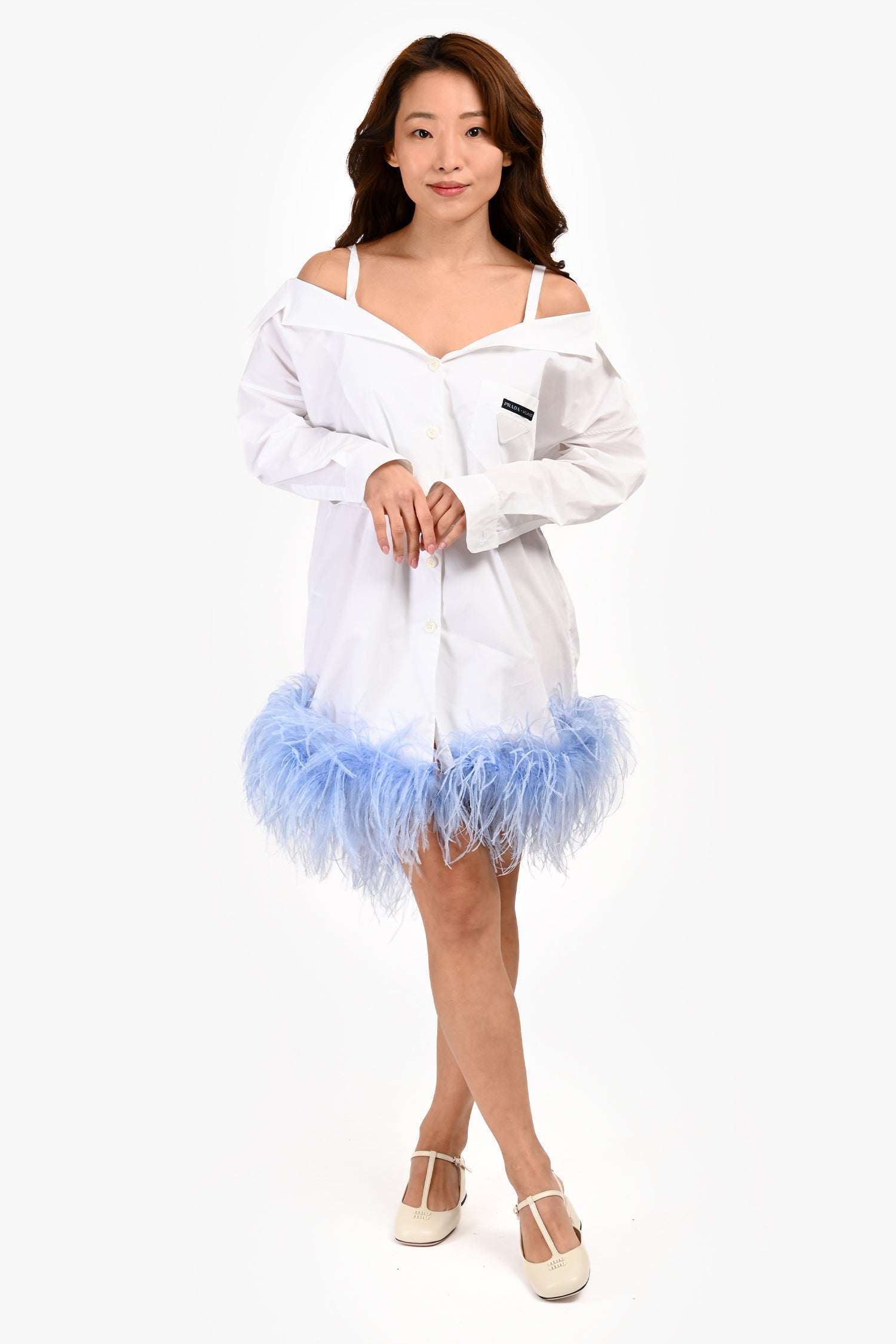 Prada Handbag Light Feather Hem Button Up Shirt Dress White Blue