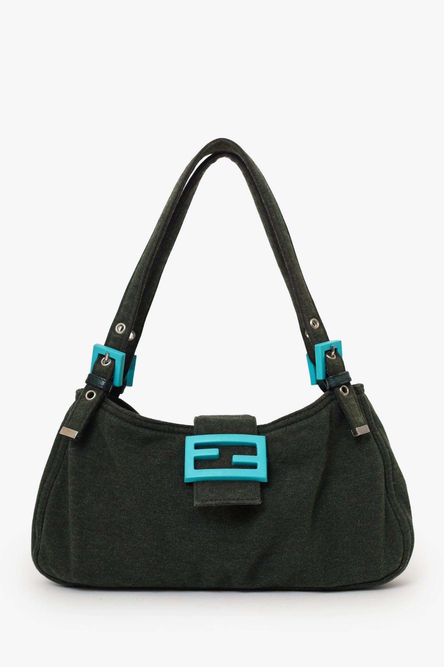 Fendi Jersey Double Strap Mama Baguette Bag Blue Green Shoulder Bag