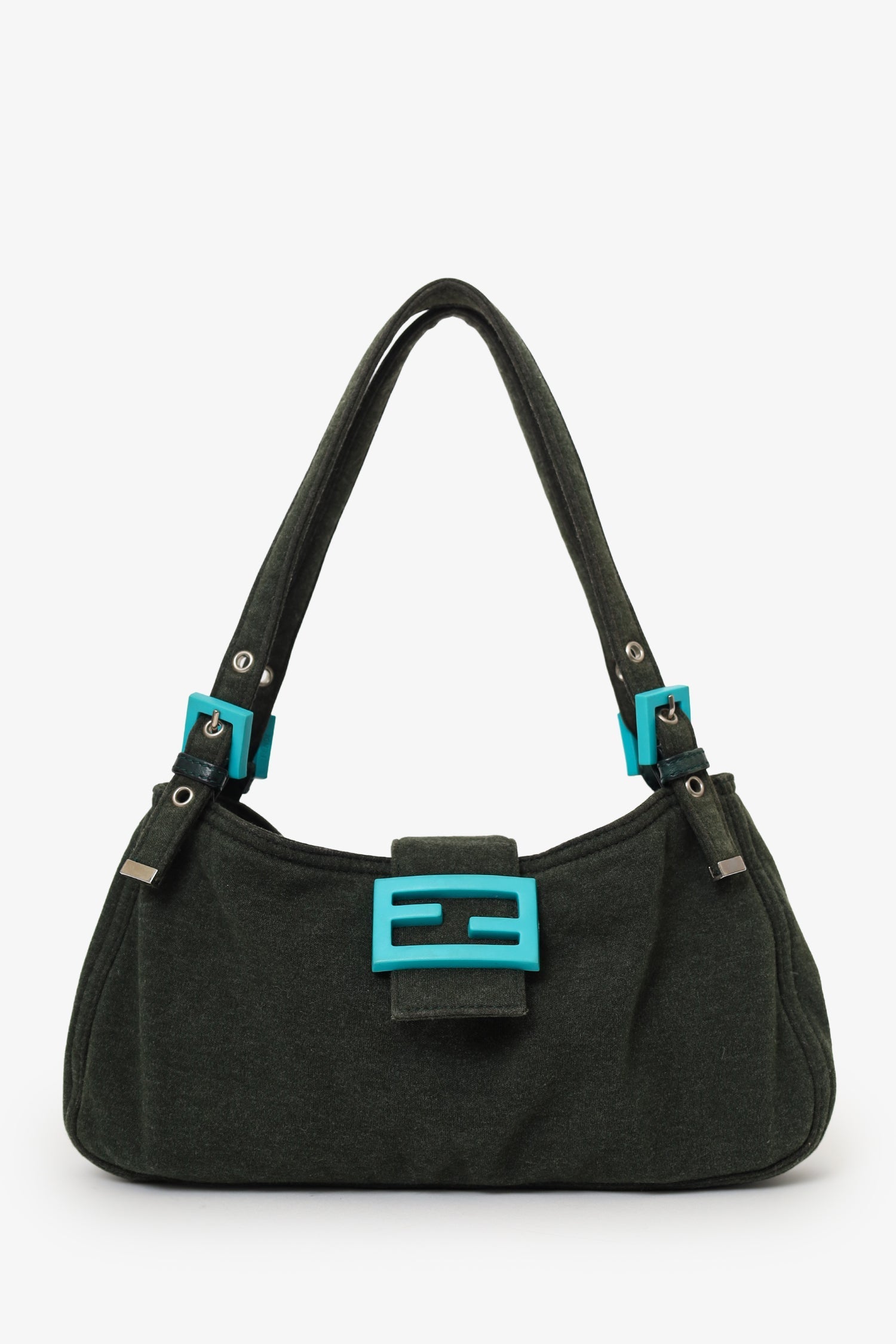 Fendi Jersey Double Strap Mama Baguette Bag Blue Green Shoulder Bag