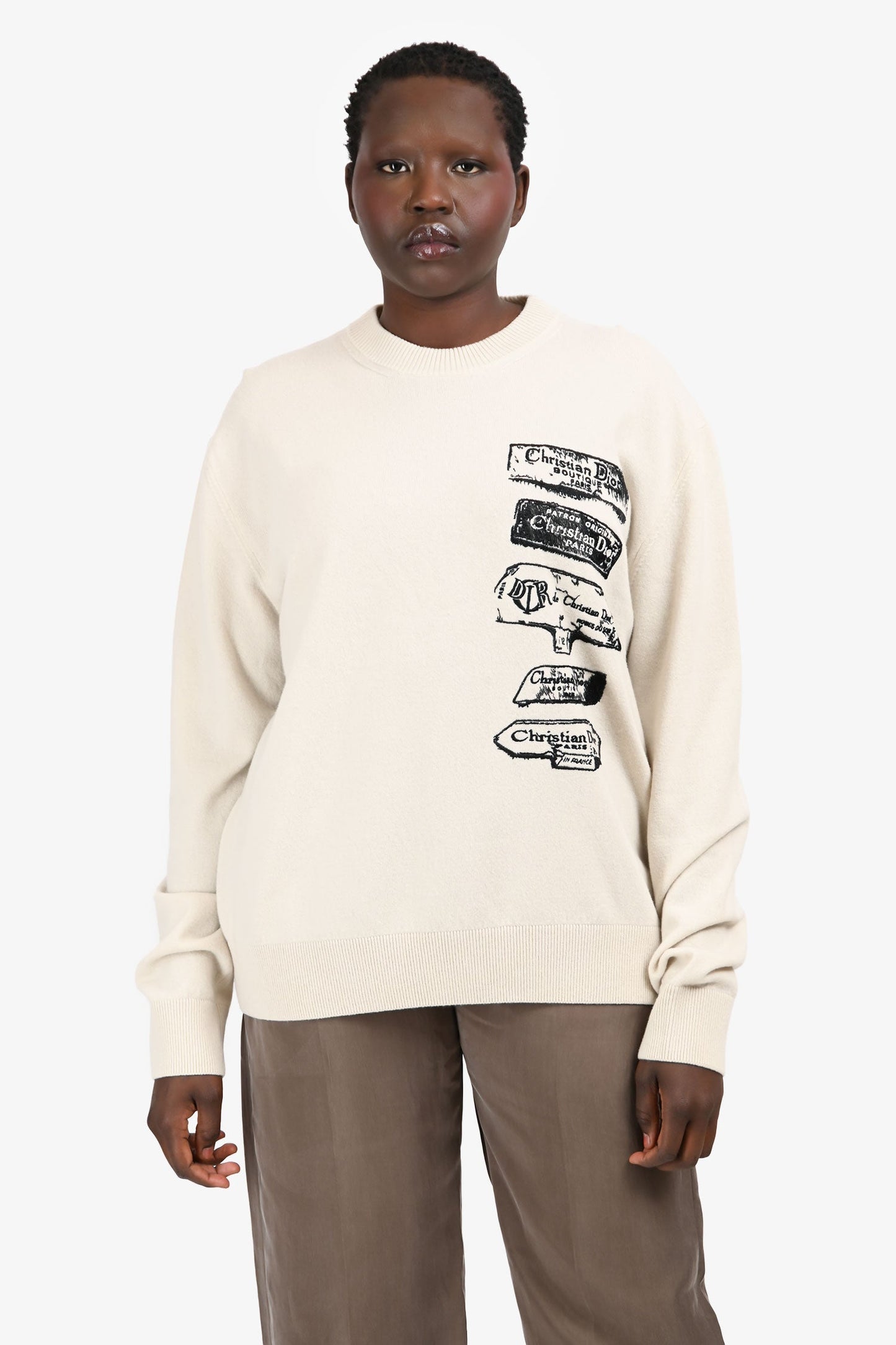 Dior Handbag Christian Wool Graphic Crewneck Sweater Cream