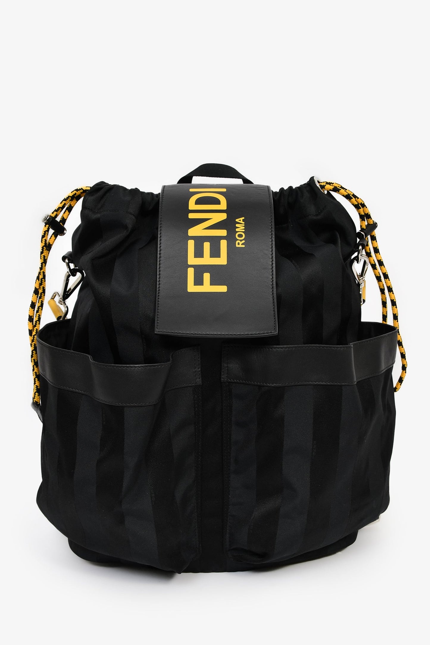 Fendi Pequin Drawstring Backpack Leather Nylon Black