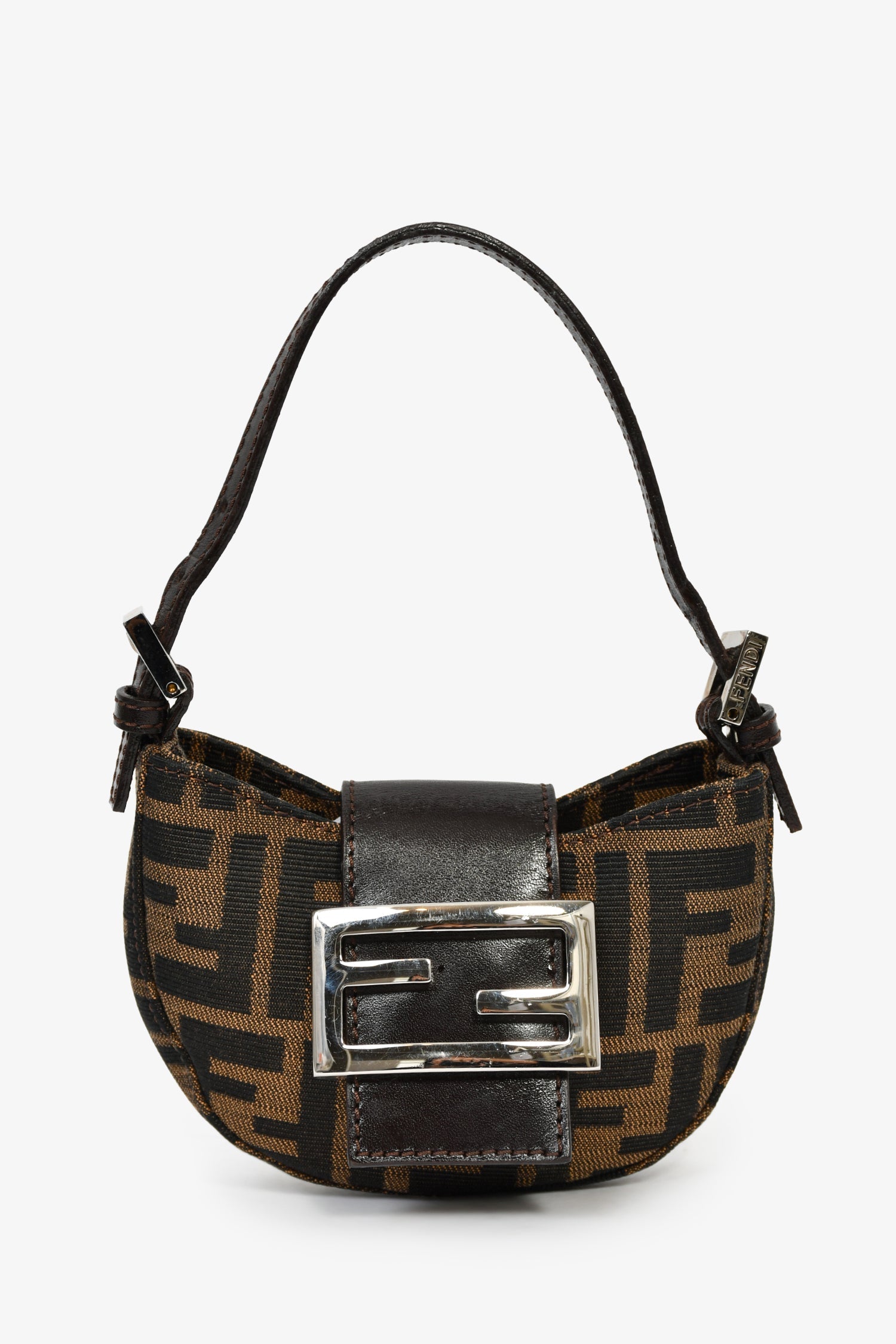 Fendi Shoulder Bag Zucca Print Half Moon Baguette Bag Canvas Brown Mini