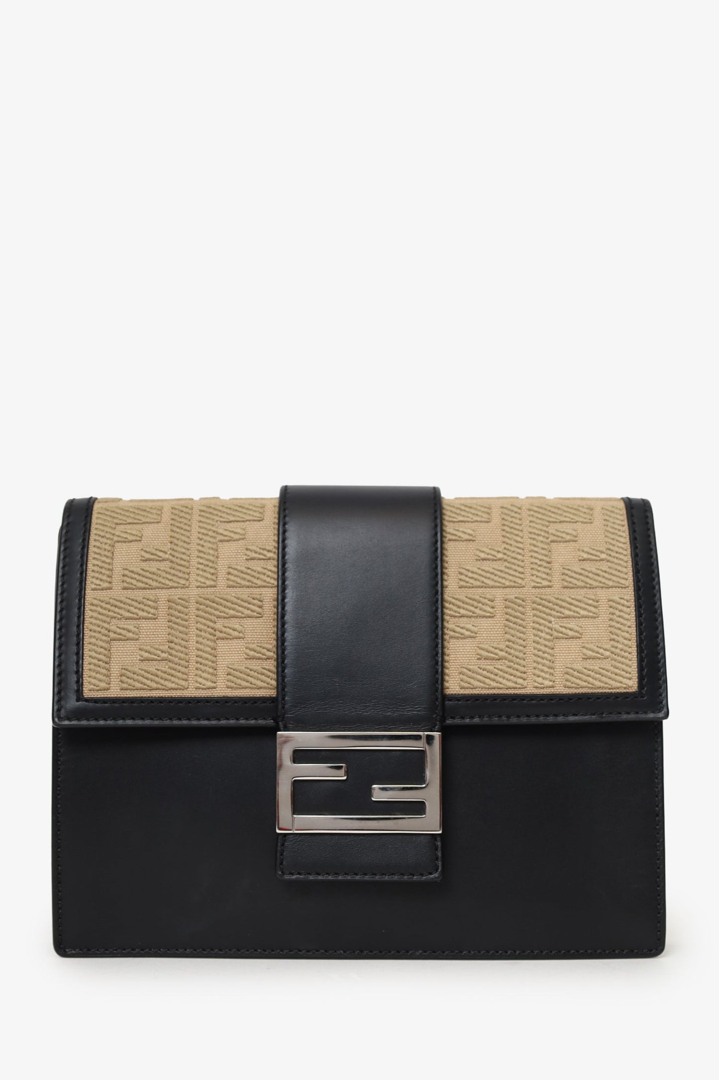 Fendi Calfskin Ff Flat Baguette Crossbody Canvas Black Beige Shoes
