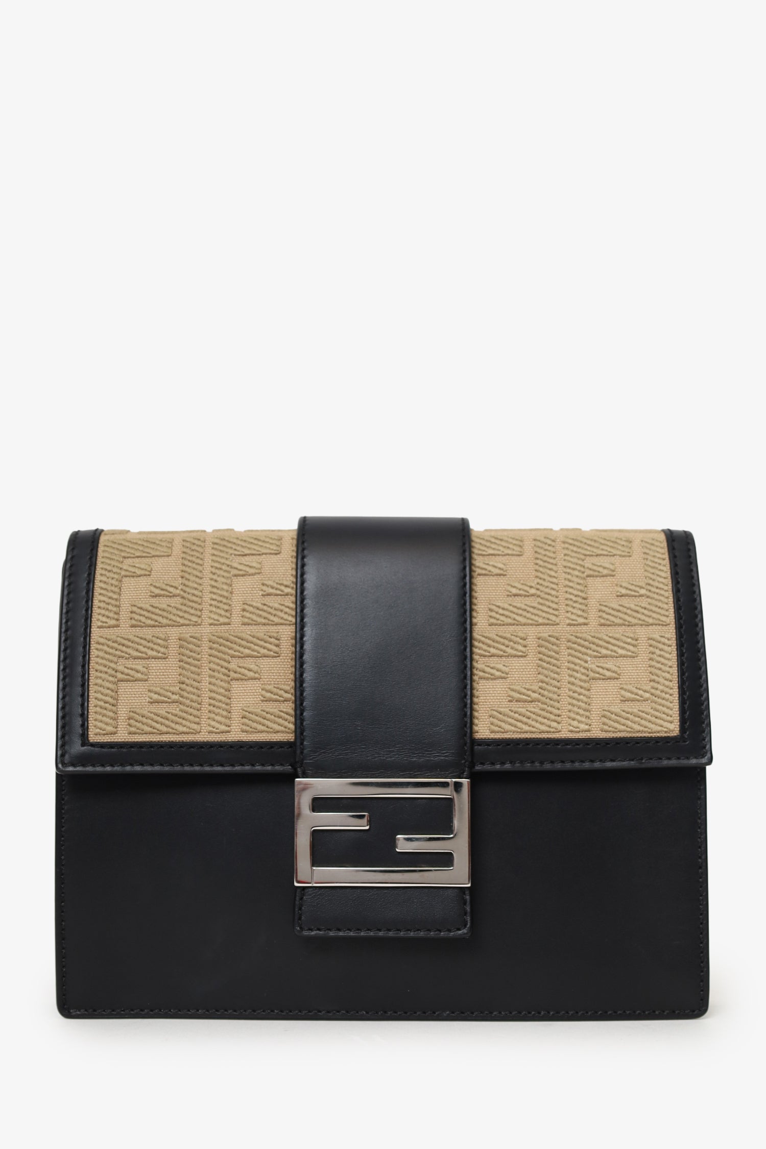 Fendi Crossbody Bag Calfskin FF Flat Baguette Crossbody Canvas Black Beige Shoes