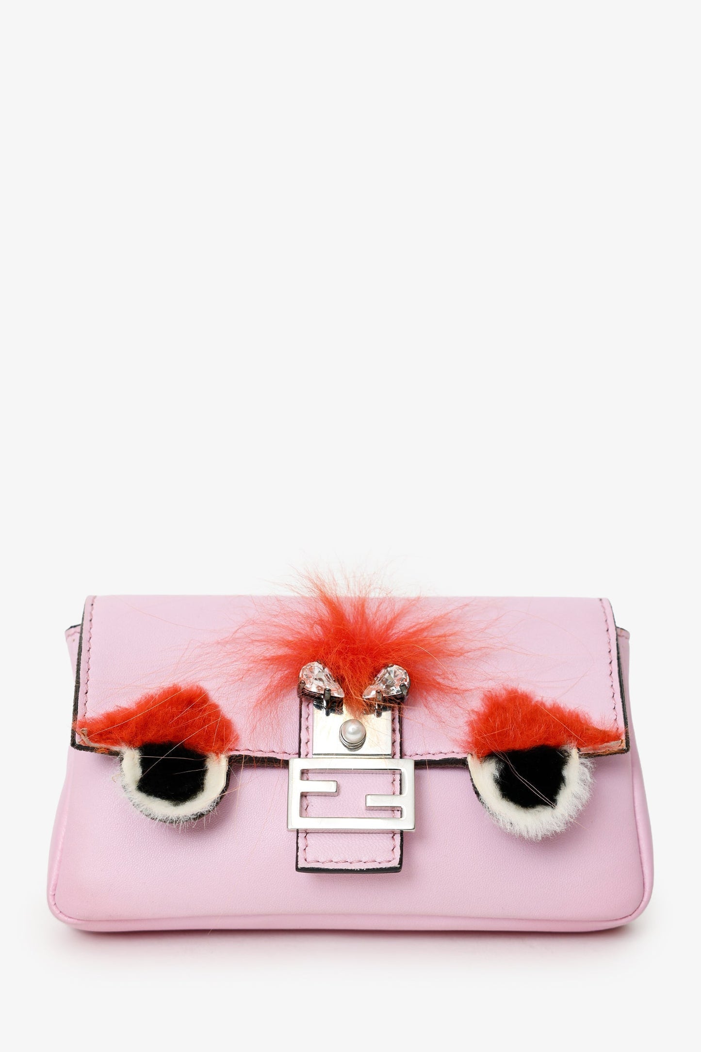 Fendi Crystal Fur Monster Baguette With Strap Crossbody Bag Leather Pink Micro Shoulder Bag