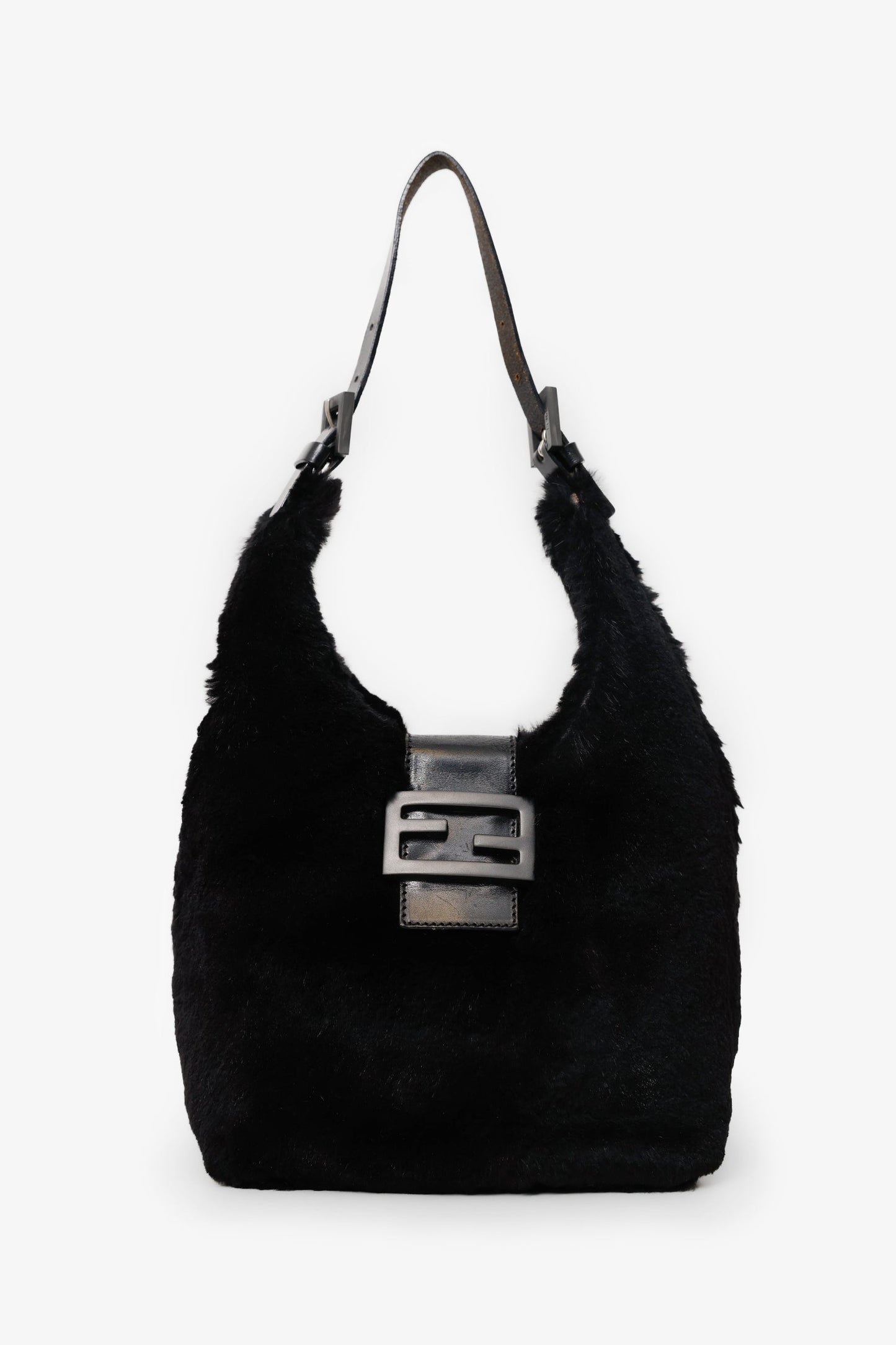 Fendi Shoulder Bag Chinchilla Fur Baguette Hobo Bag Black