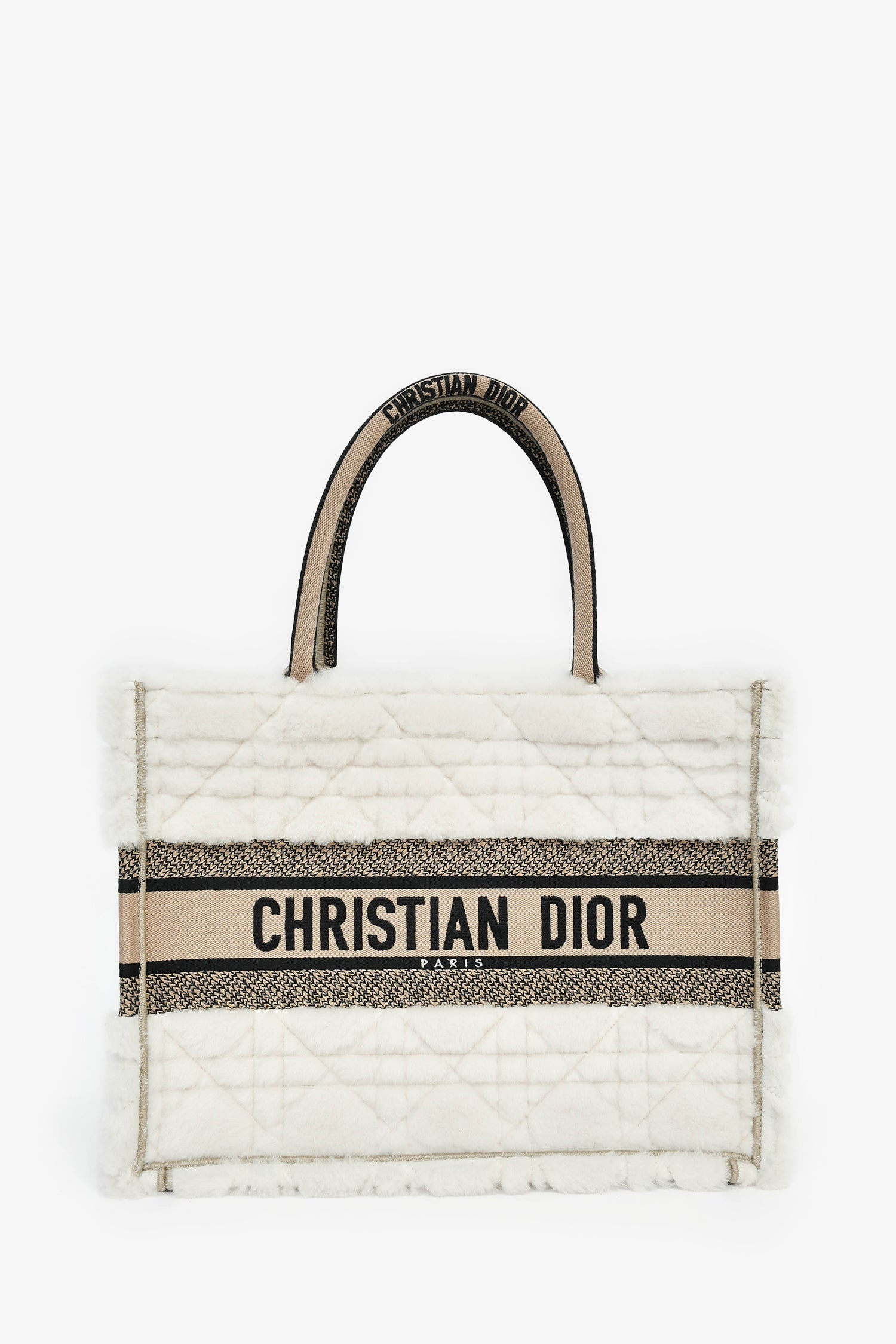 Dior Tote Bag Christian Ecru Cannage Shearling Taupe Book Canvas Medium