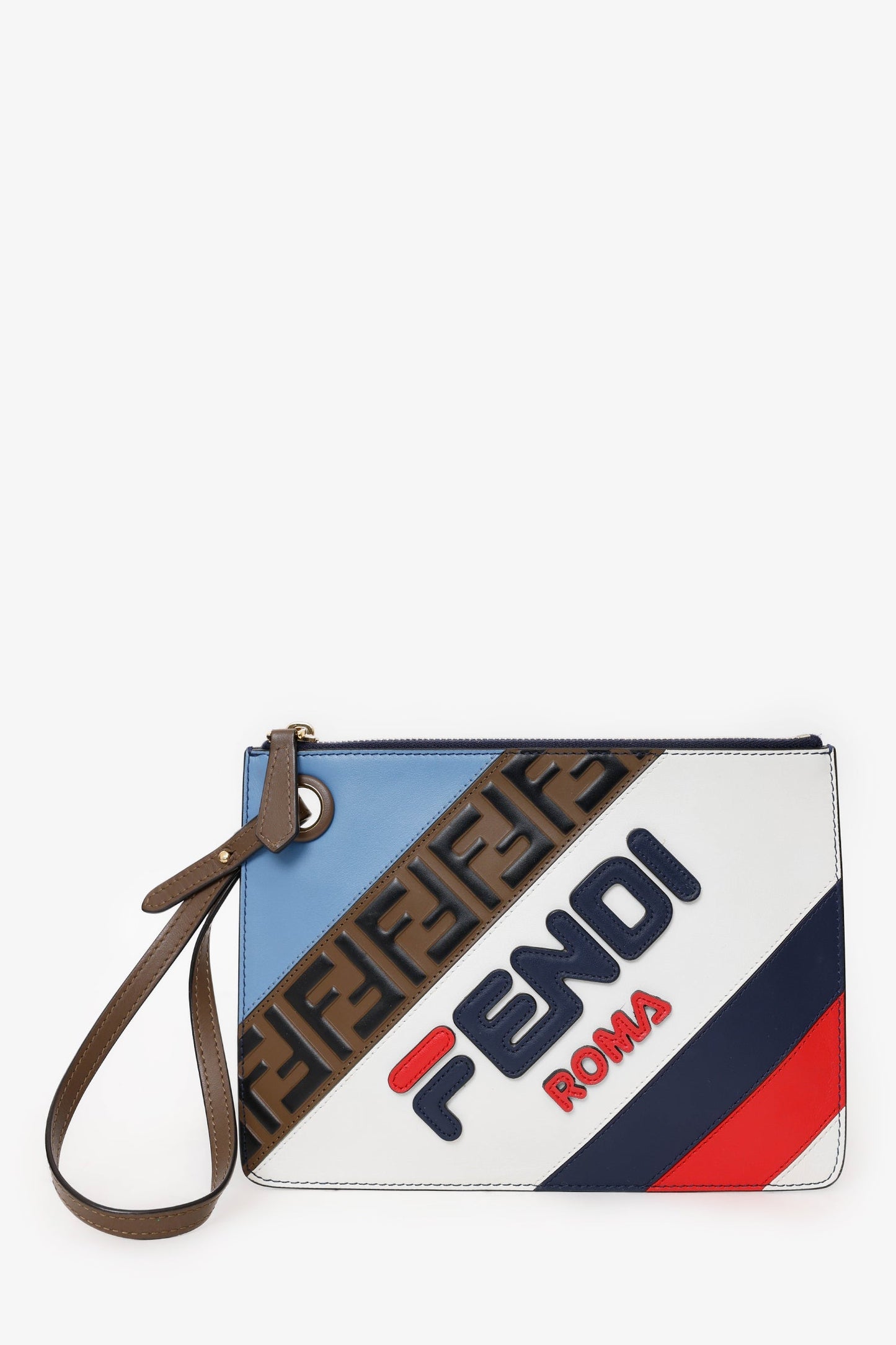 Fendi Fila Wristlet Clutch Leather Multicolor Zip Clutch Bag
