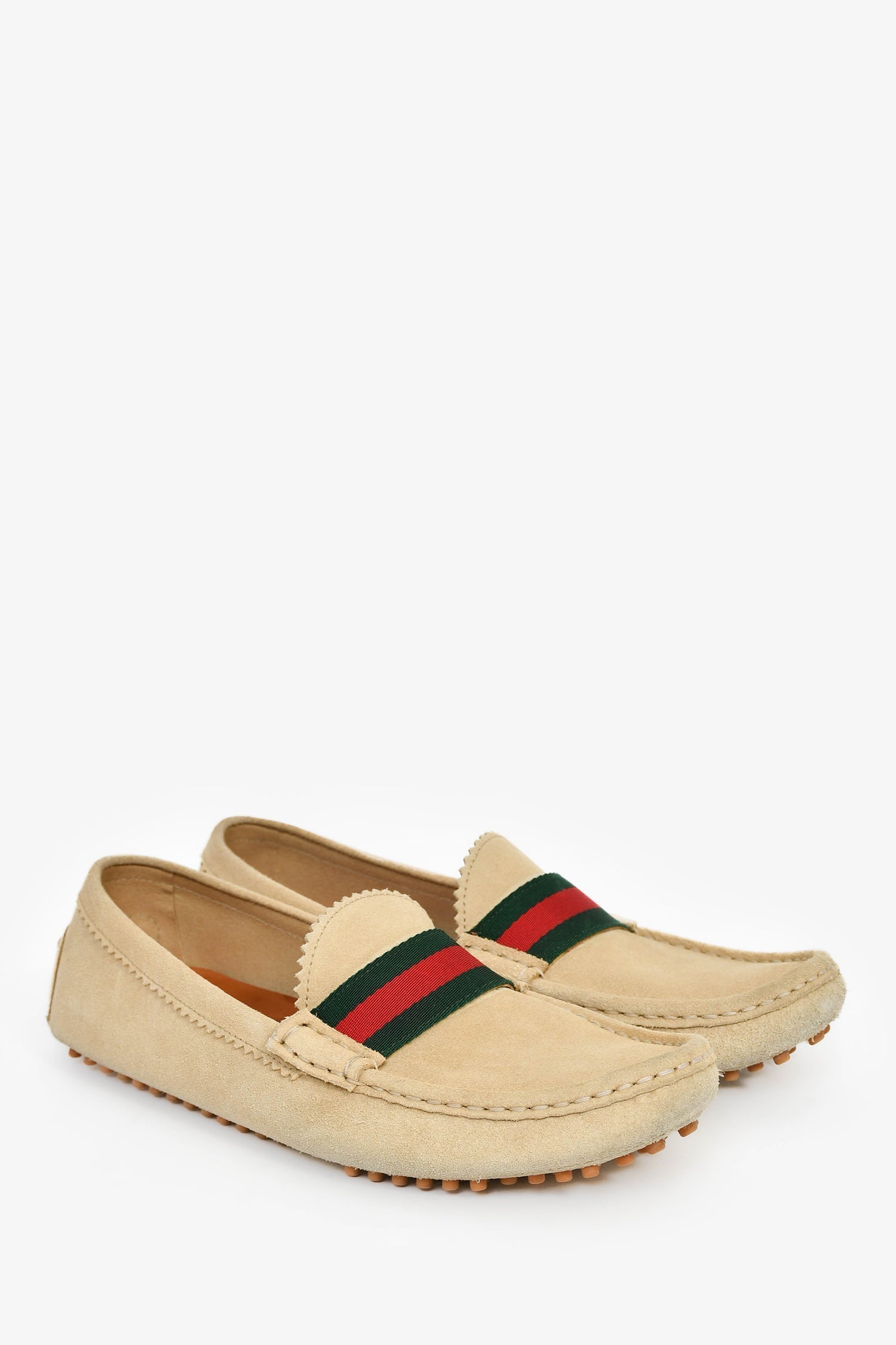 Gucci Beige Suede Web Stripe Driving Loafers Size 38
