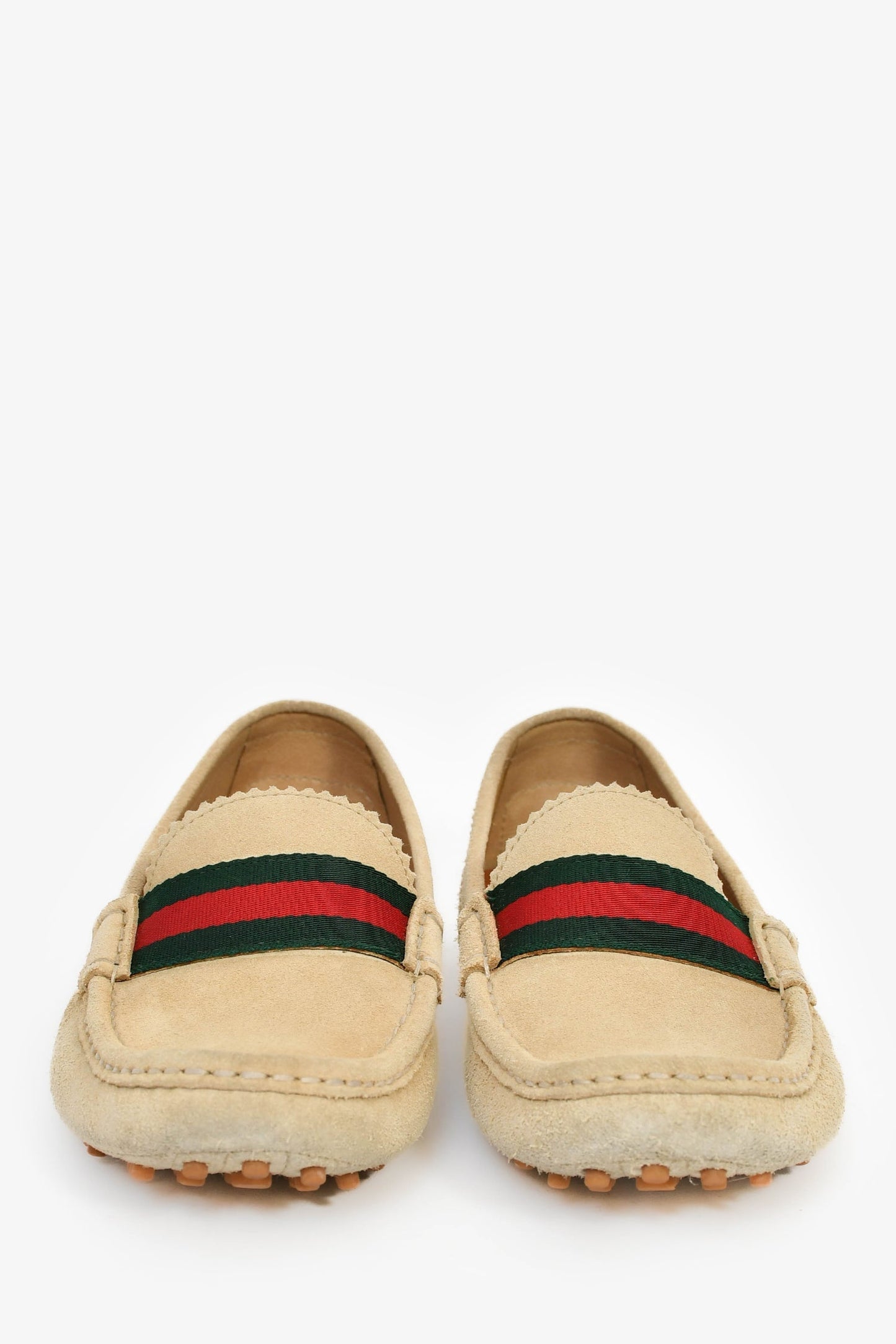 Gucci Beige Suede Web Stripe Driving Loafers Size 38