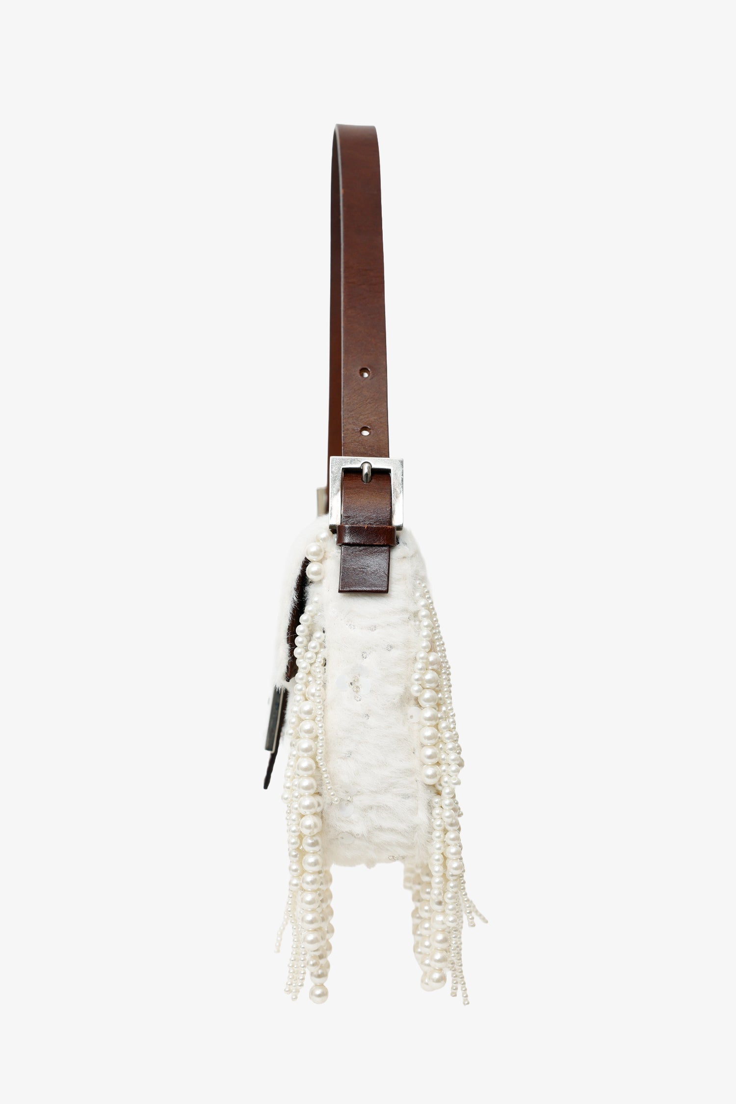 Fendi Limited Edition Fur Beaded Sequin Pearl Fringed Baguette White Shoulder Bag