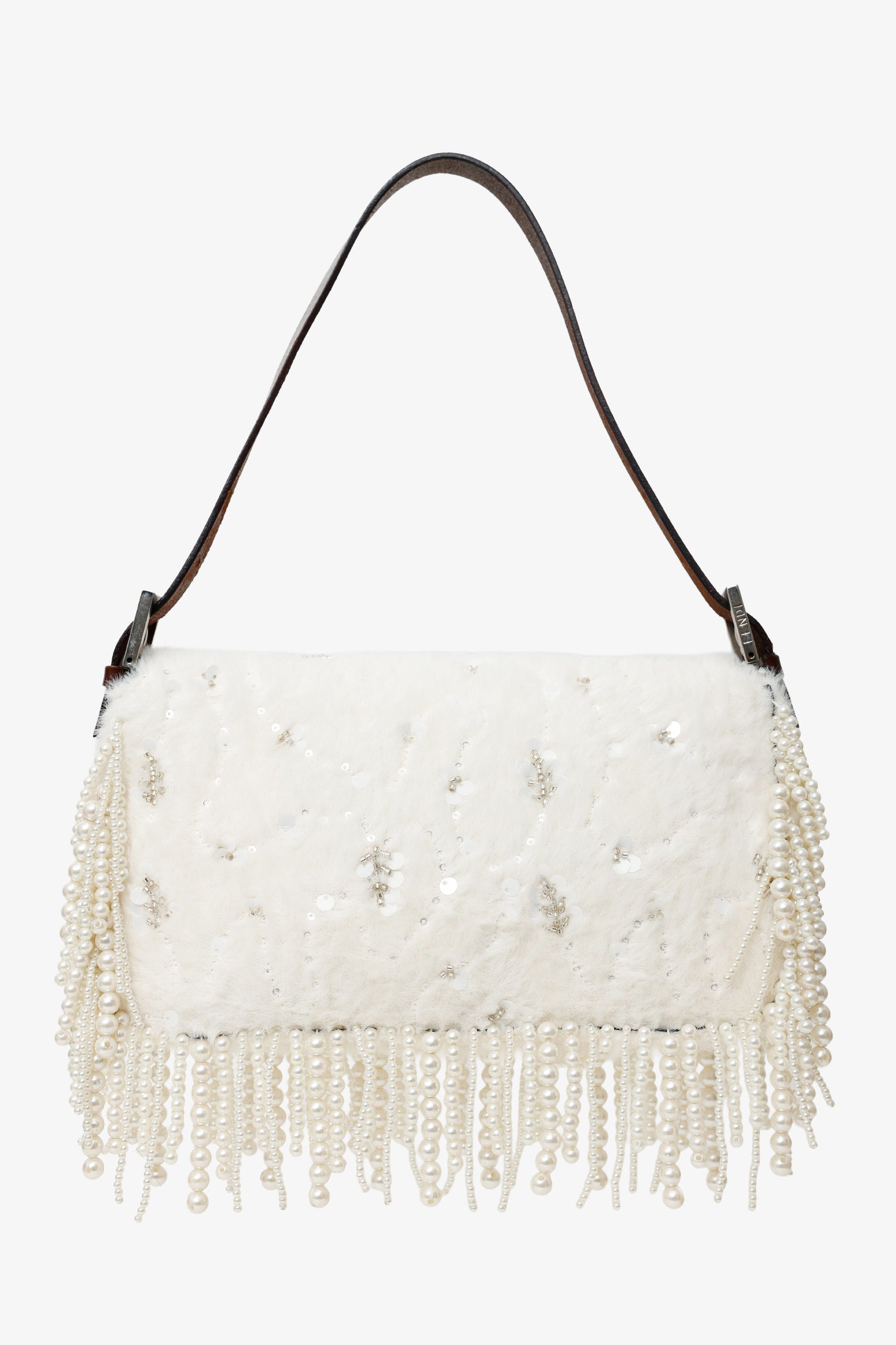 Fendi Limited Edition Fur Beaded Sequin Pearl Fringed Baguette White Shoulder Bag