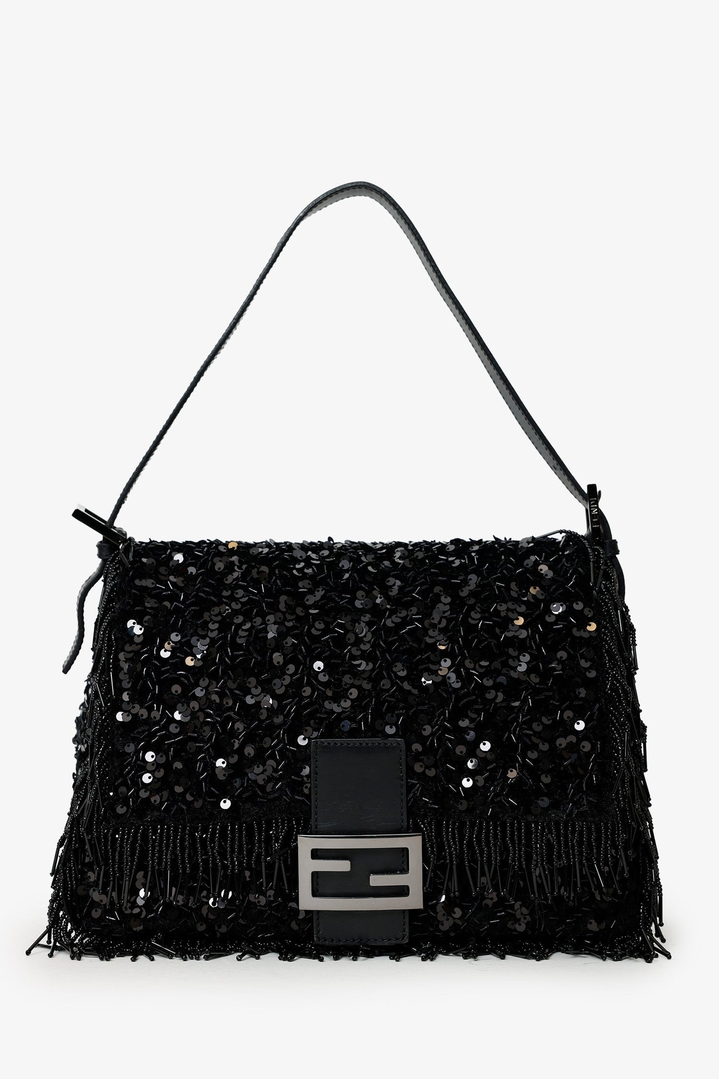 Fendi Limited Edition Sequin Beaded Fringed Mama Baguette Shoulder Black Shoulder Bag