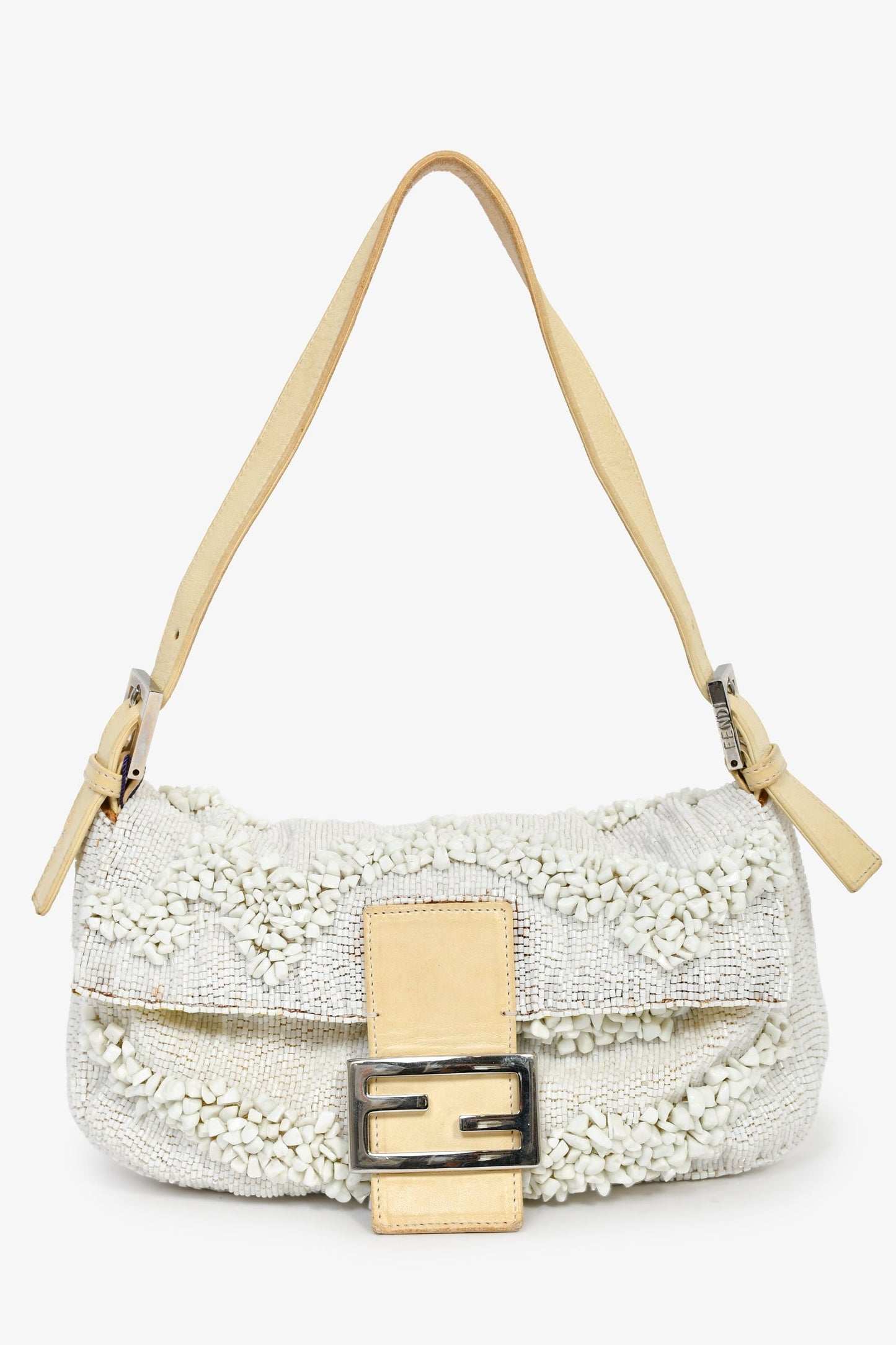 Fendi Beaded Baguette Shoulder Bag White Beige