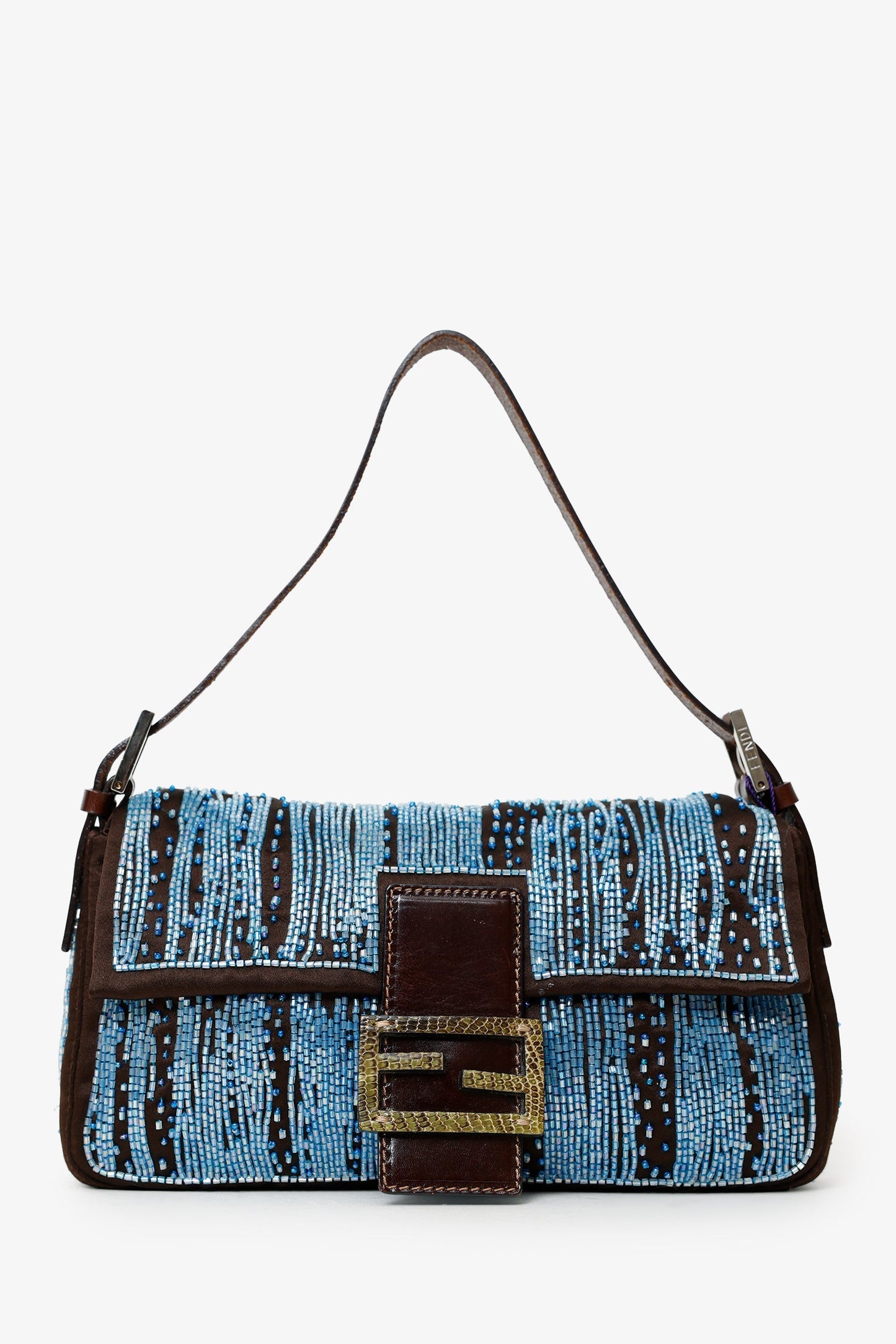 Fendi Shoulder Bag Beaded Baguette Satin Brown Blue