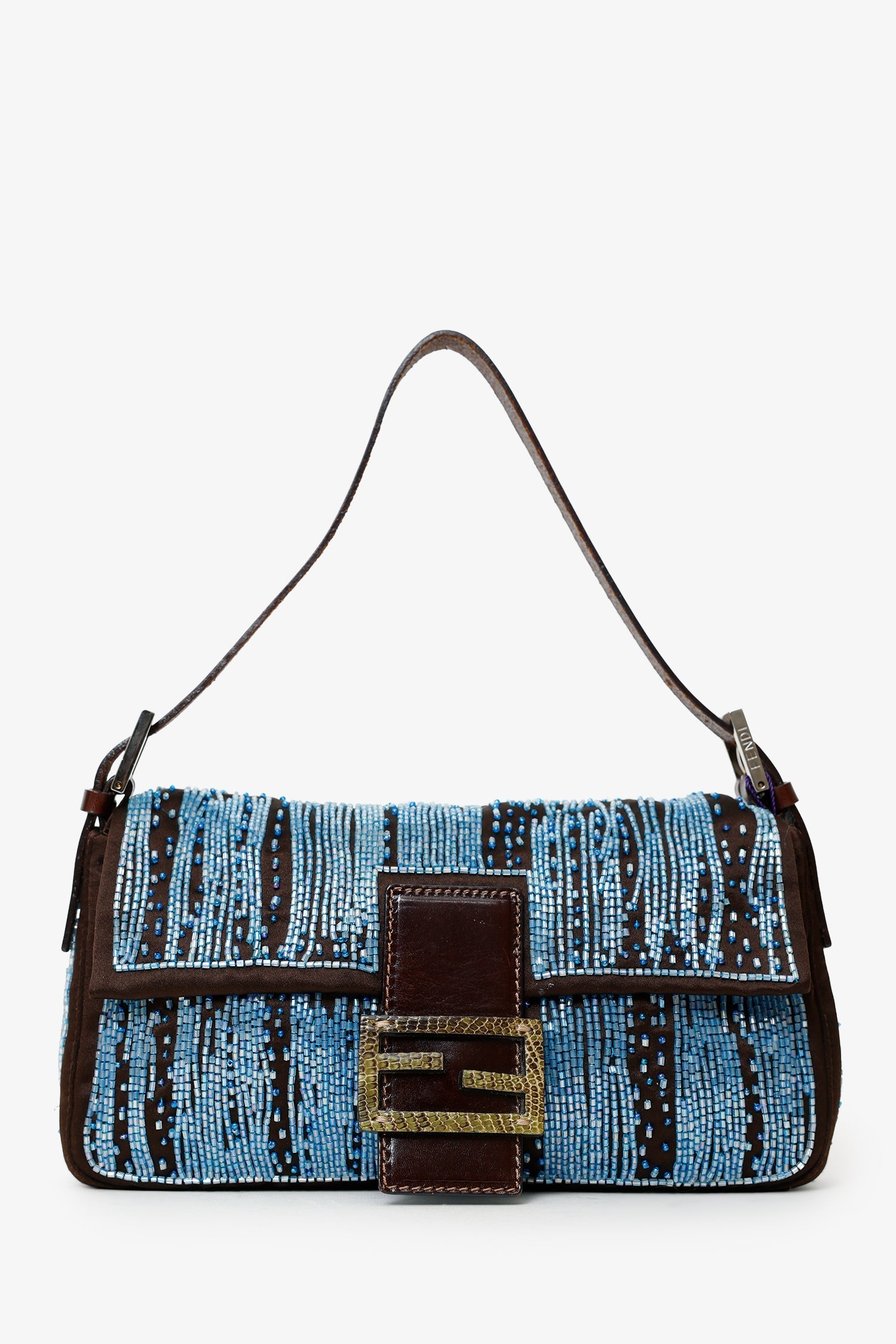 Fendi Shoulder Bag Beaded Baguette Satin Brown Blue