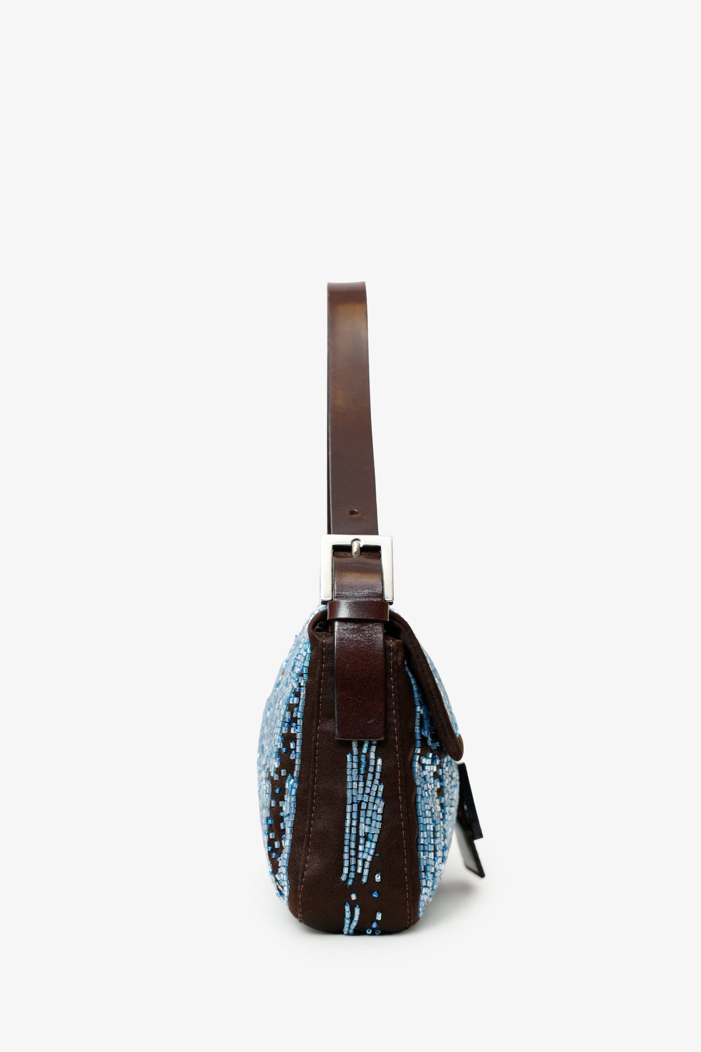 Fendi Beaded Baguette Shoulder Bag Satin Brown Blue