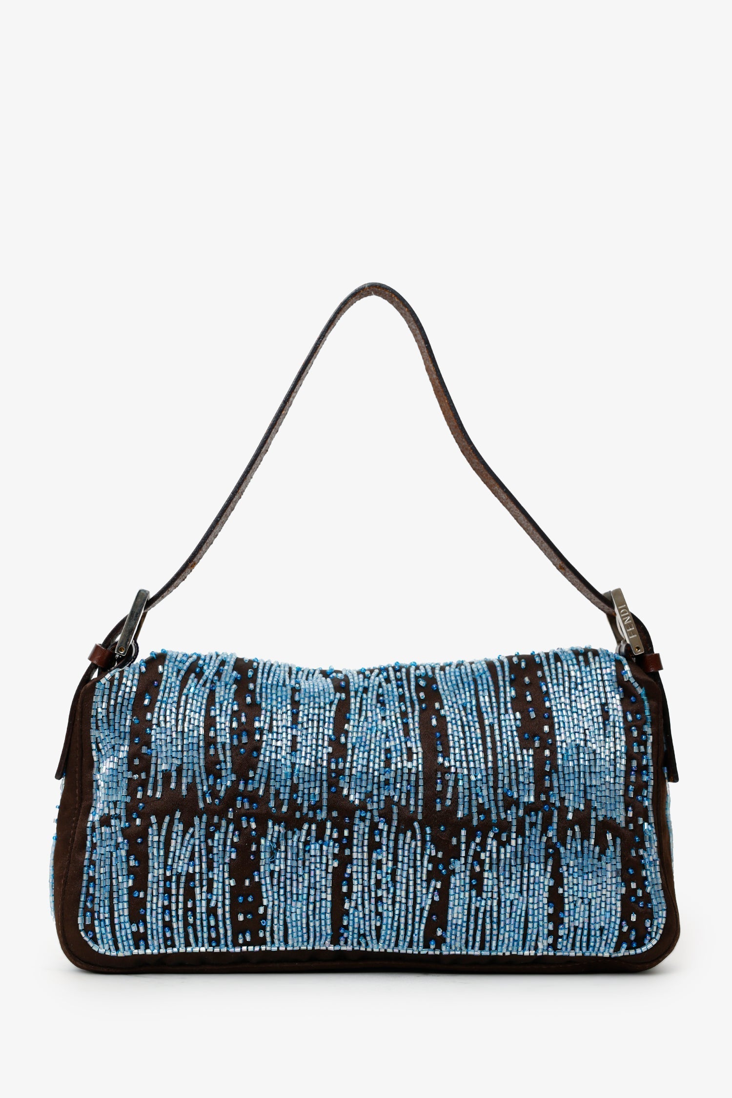 Fendi Beaded Baguette Shoulder Bag Satin Brown Blue