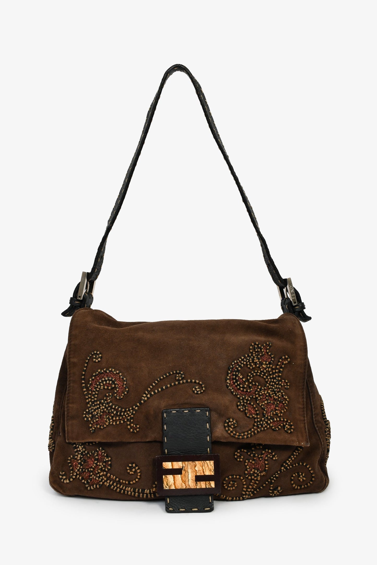 Fendi Selleria Mama Baguette Shoulder Bag Suede Brown
