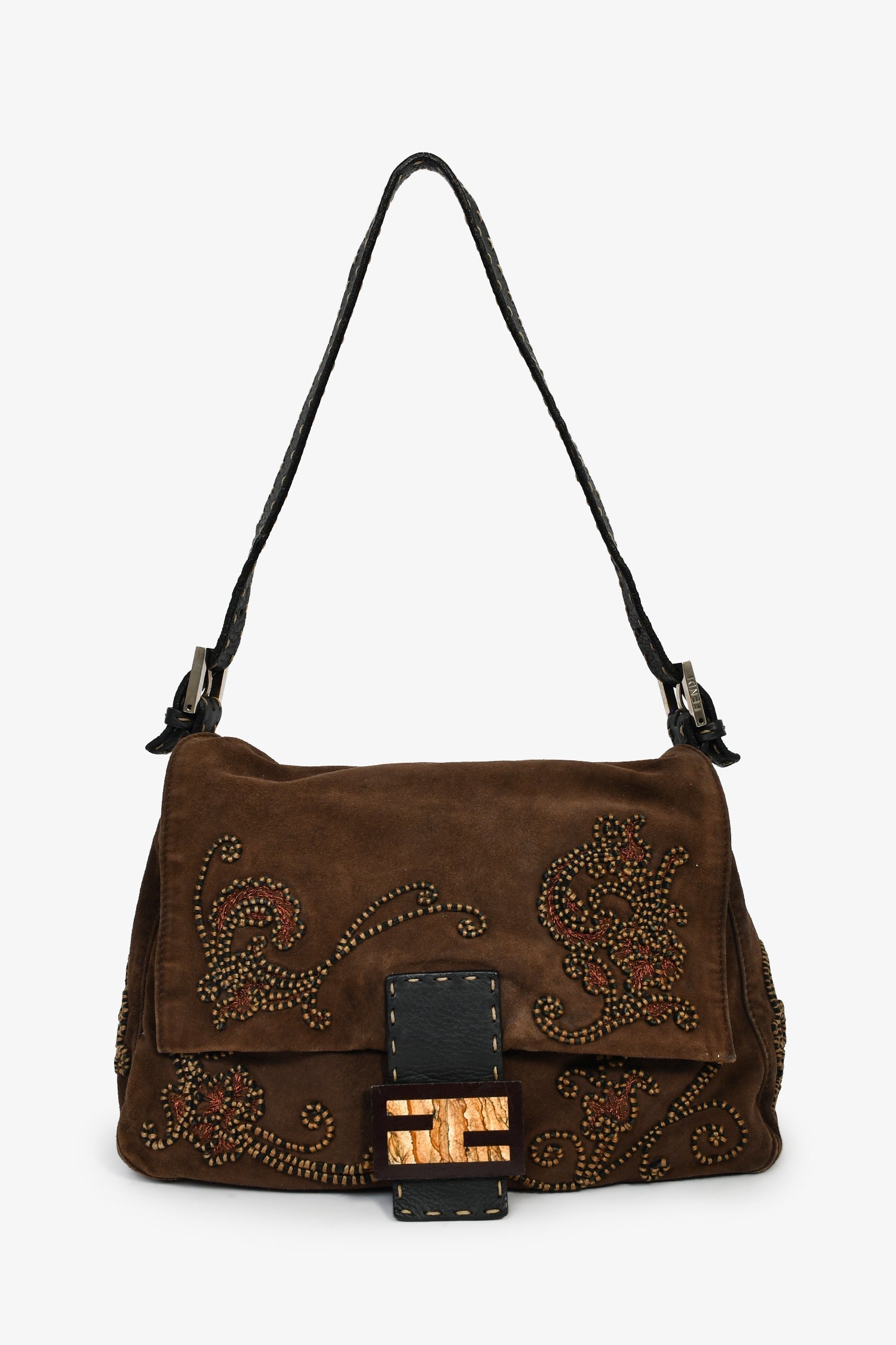 Fendi Shoulder Bag Selleria Mama Baguette Suede Brown