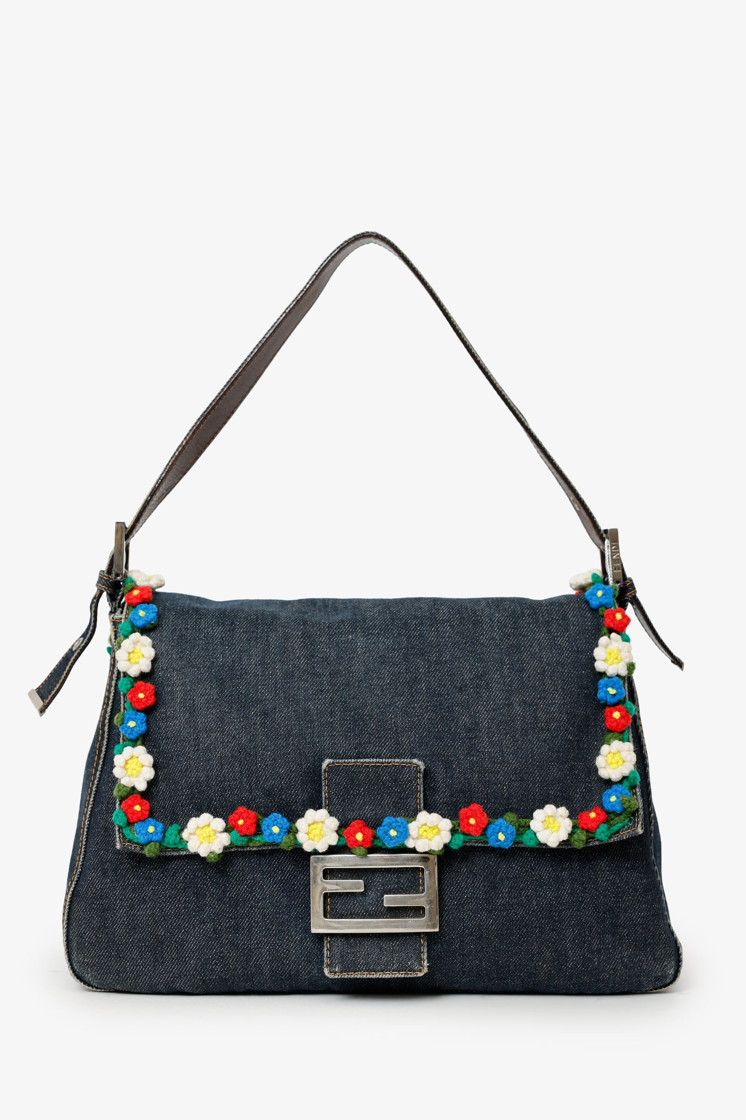 Fendi Shoulder Bag Crochet Floral Embellished Mama Baguette Denim Blue