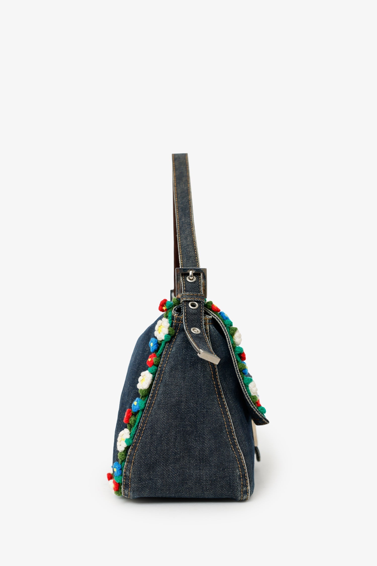 Fendi Crochet Floral Embellished Mama Baguette Shoulder Bag Denim Blue