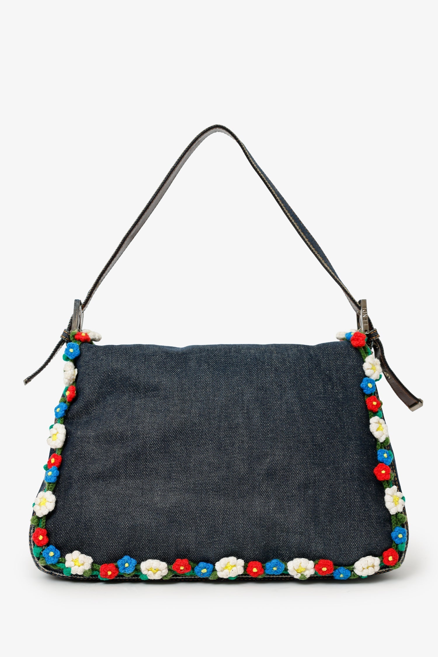 Fendi Crochet Floral Embellished Mama Baguette Shoulder Bag Denim Blue