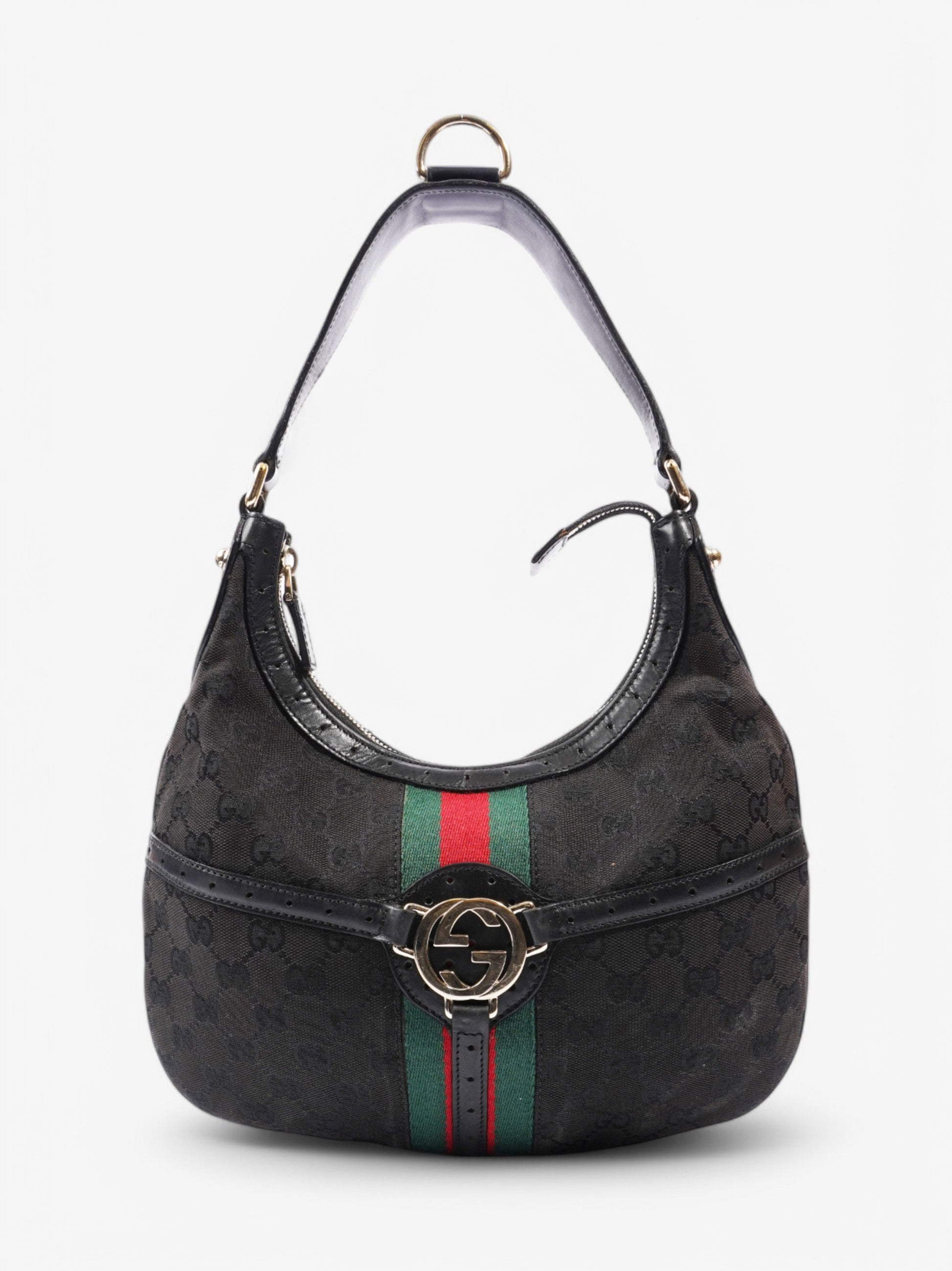 Gucci Jackie Shoulder Bag Green Canvas Black