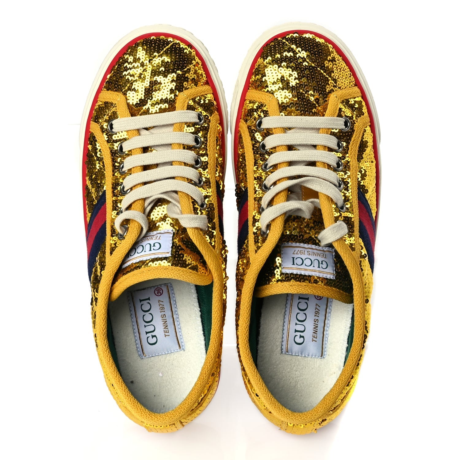 Gucci Sequin Web Matelasse Womens 1977 Tennis Sneakers 36 Gold Yellow