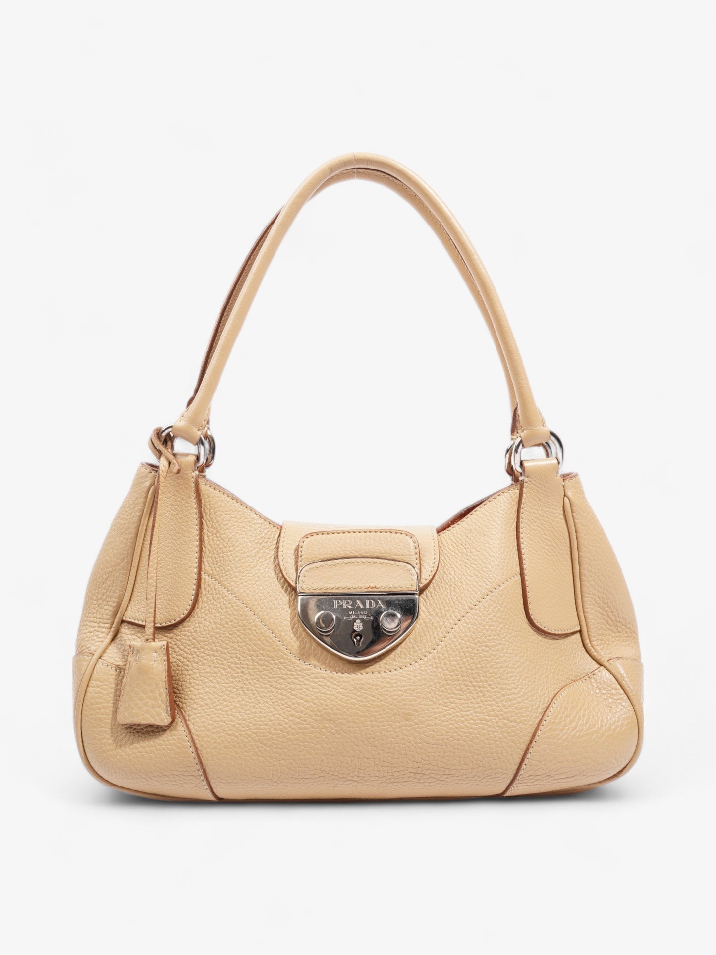 Prada Buckle Shoulder Bag Leather Beige Flap