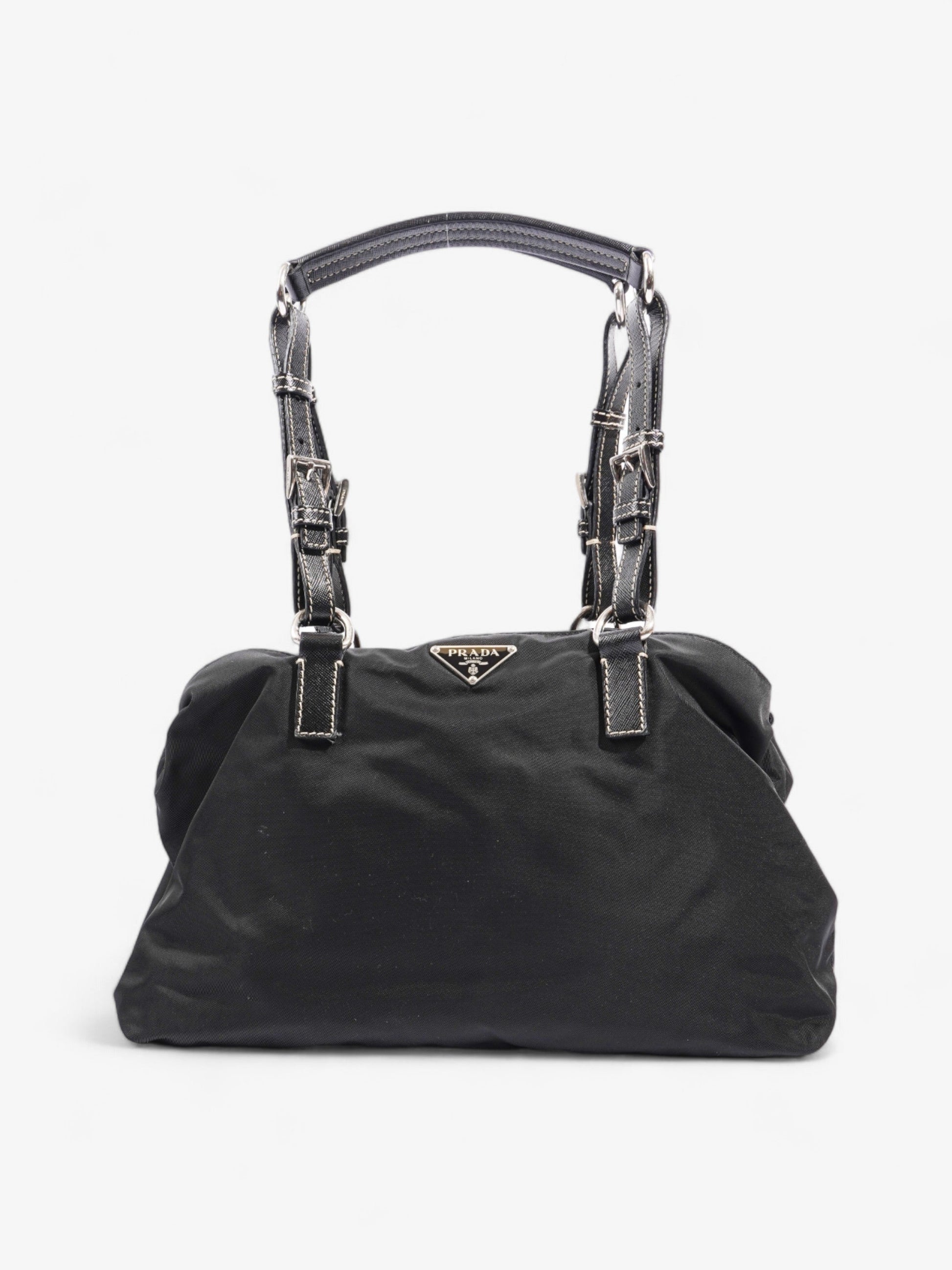 Prada Shopping Handle Double Re Shoulder Bag Nylon Black Zip