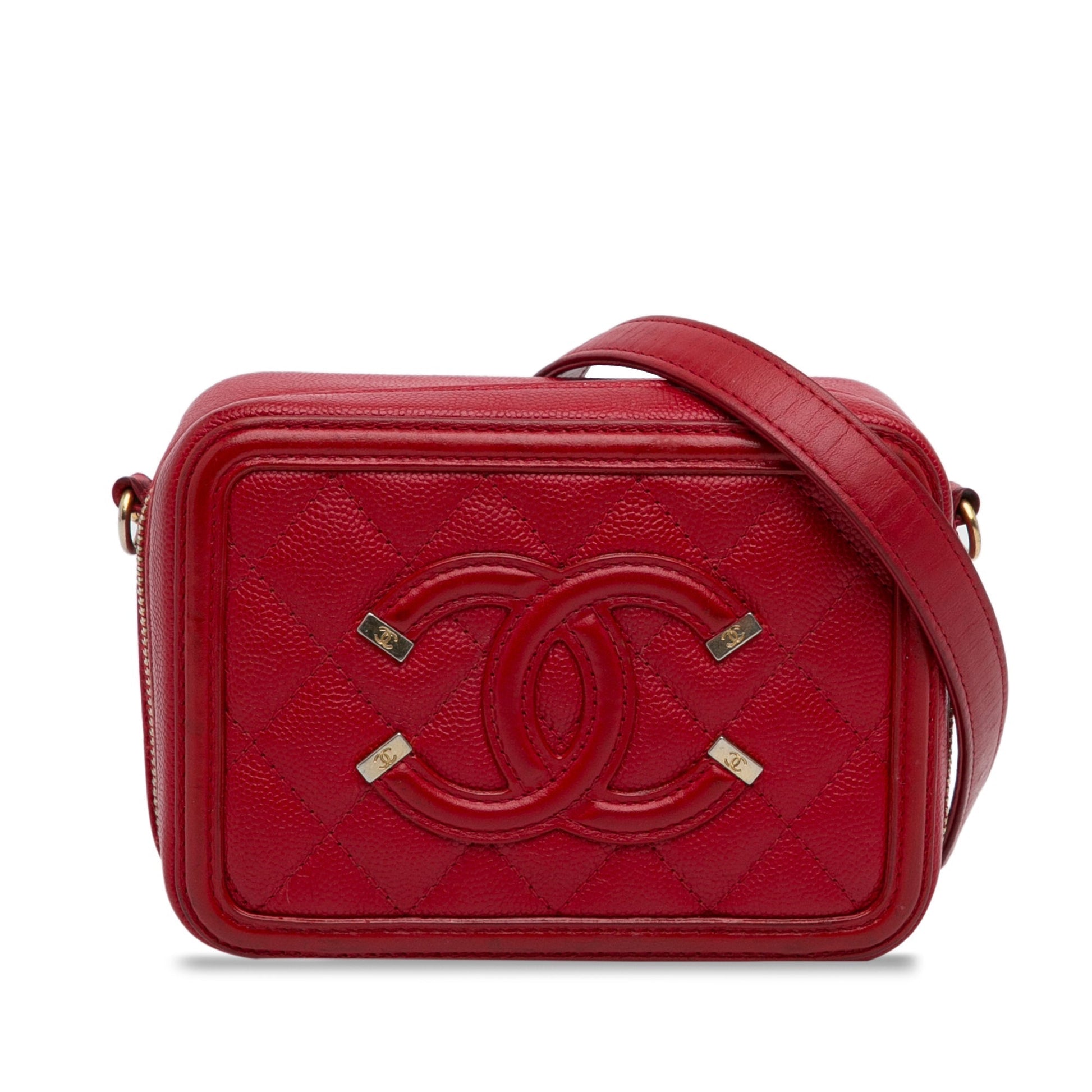 Red Chanel Mini Caviar CC Filigree Vanity Case Satchel