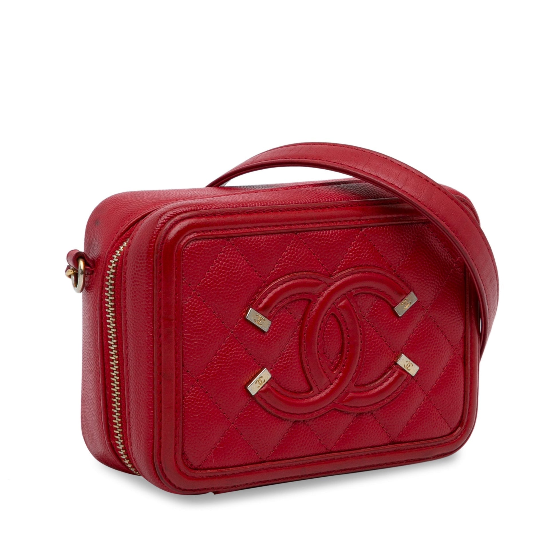 Red Chanel Mini Caviar CC Filigree Vanity Case Satchel