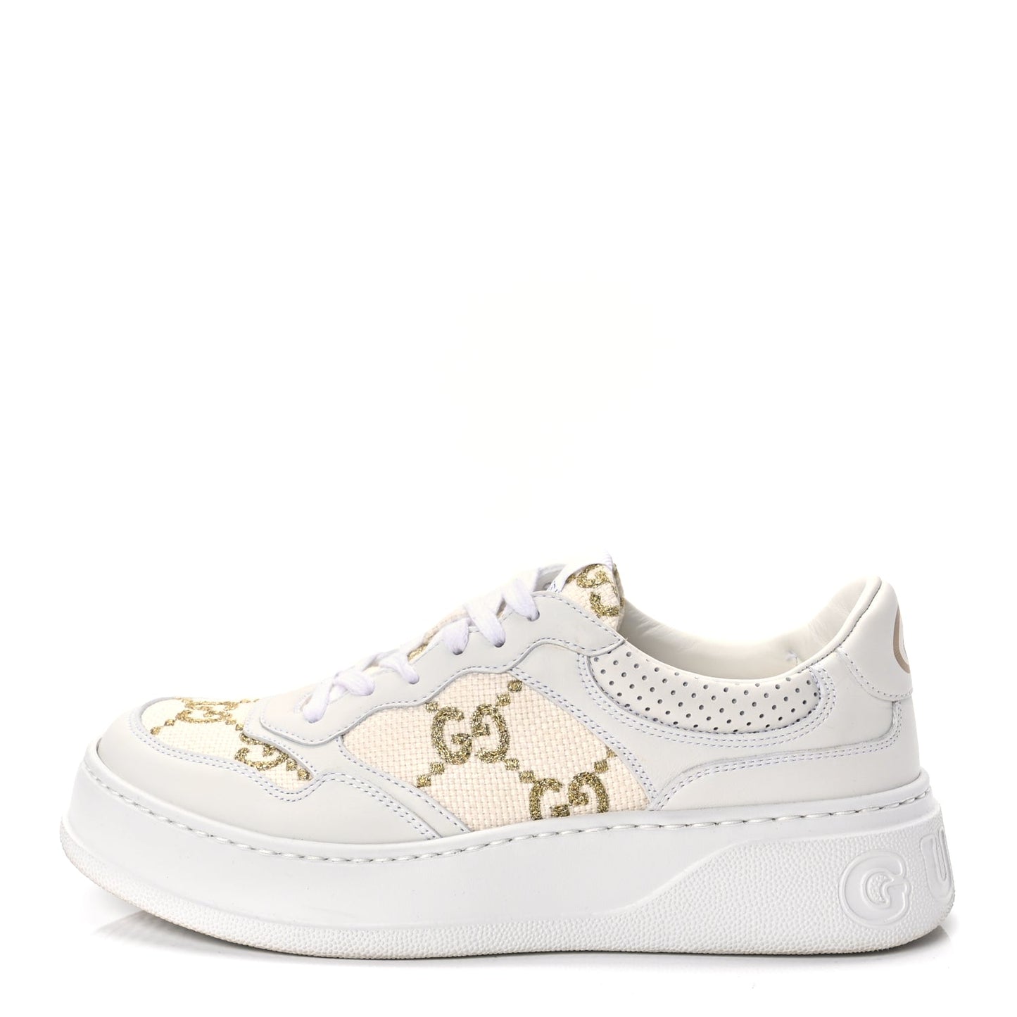 Gucci Dali Soft Calfskin GG Tennis Embossed Perforated Womens Platform 55mm Sneakers White Gold