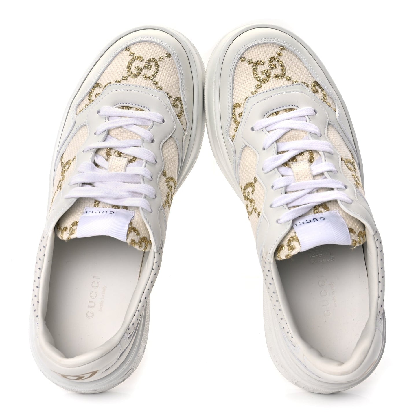 Gucci Dali Soft Calfskin GG Tennis Embossed Perforated Womens Platform 55mm Sneakers White Gold
