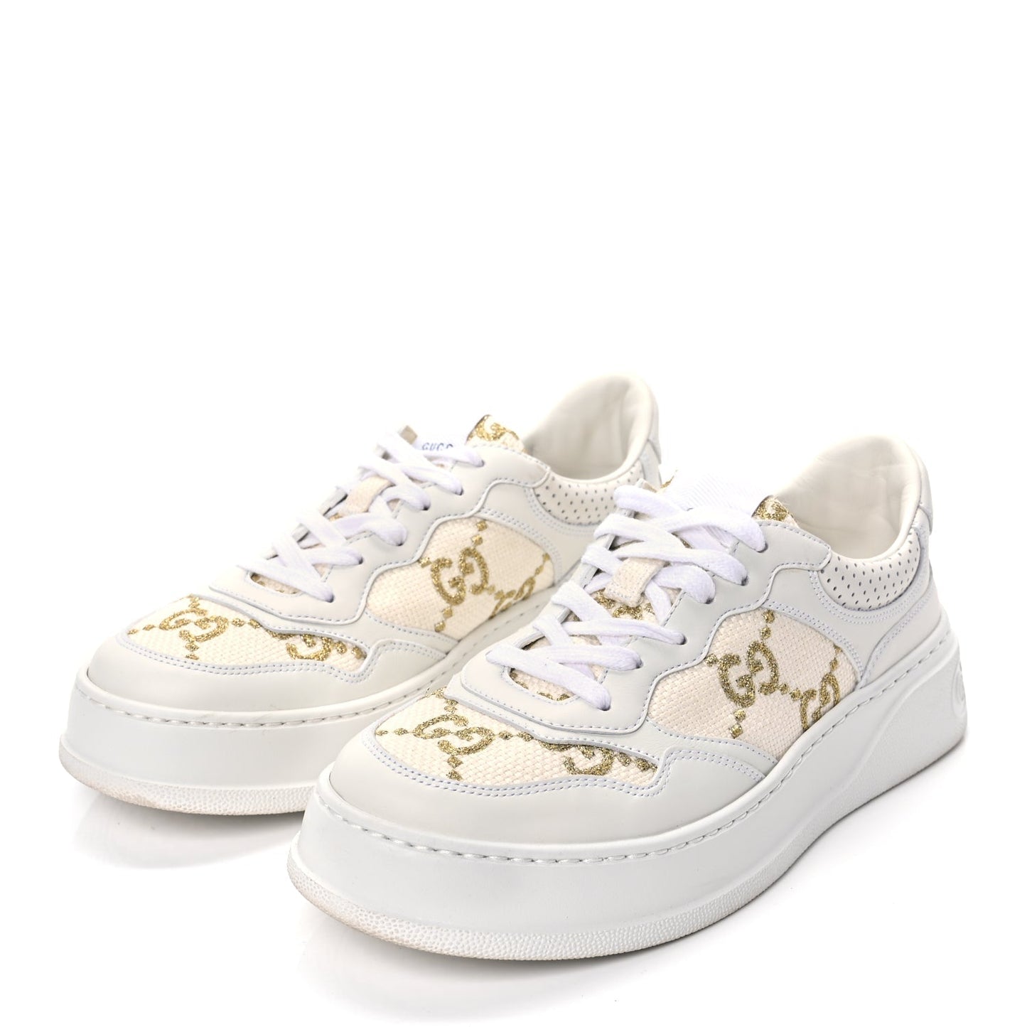 Gucci Dali Soft Calfskin GG Tennis Embossed Perforated Womens Platform 55mm Sneakers White Gold