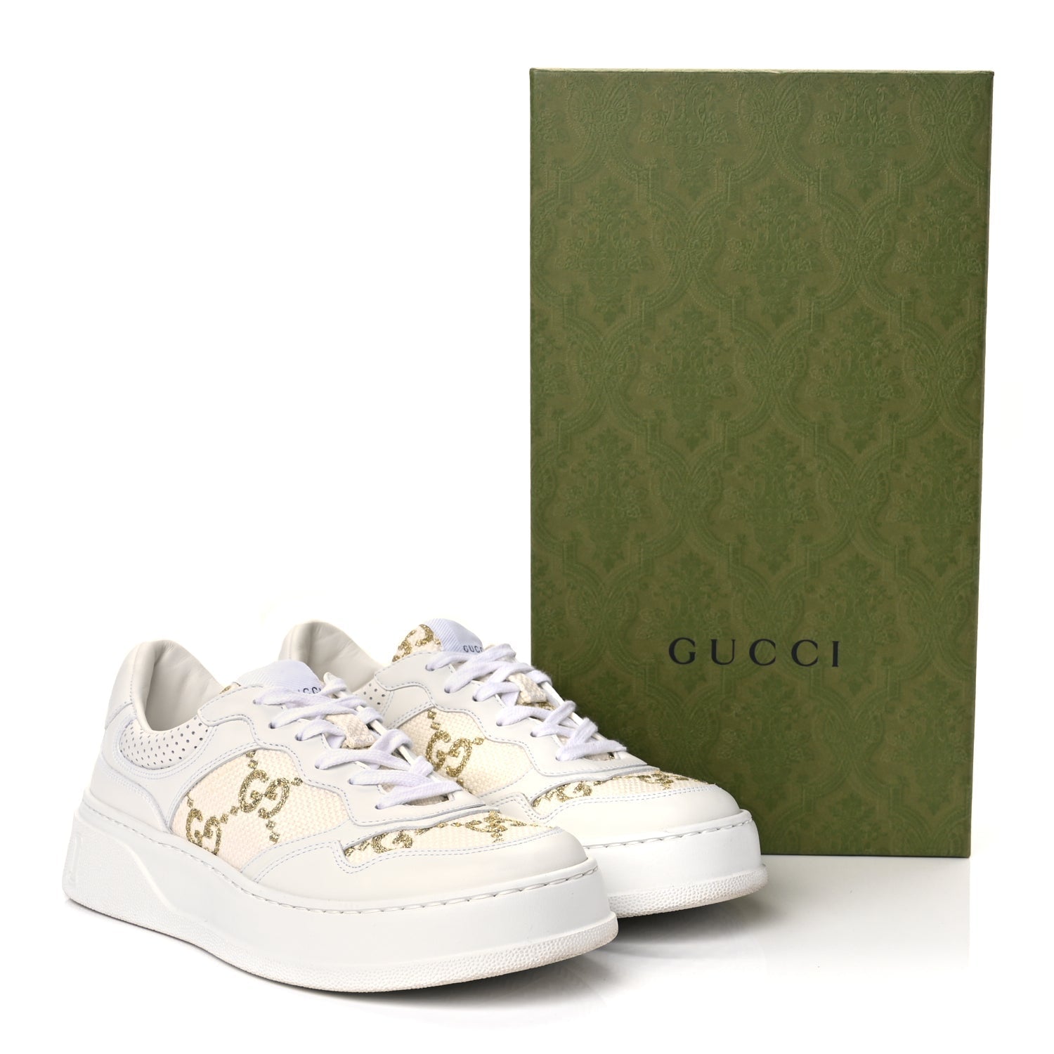 Gucci Dali Soft Calfskin GG Tennis Embossed Perforated Womens Platform 55mm Sneakers White Gold