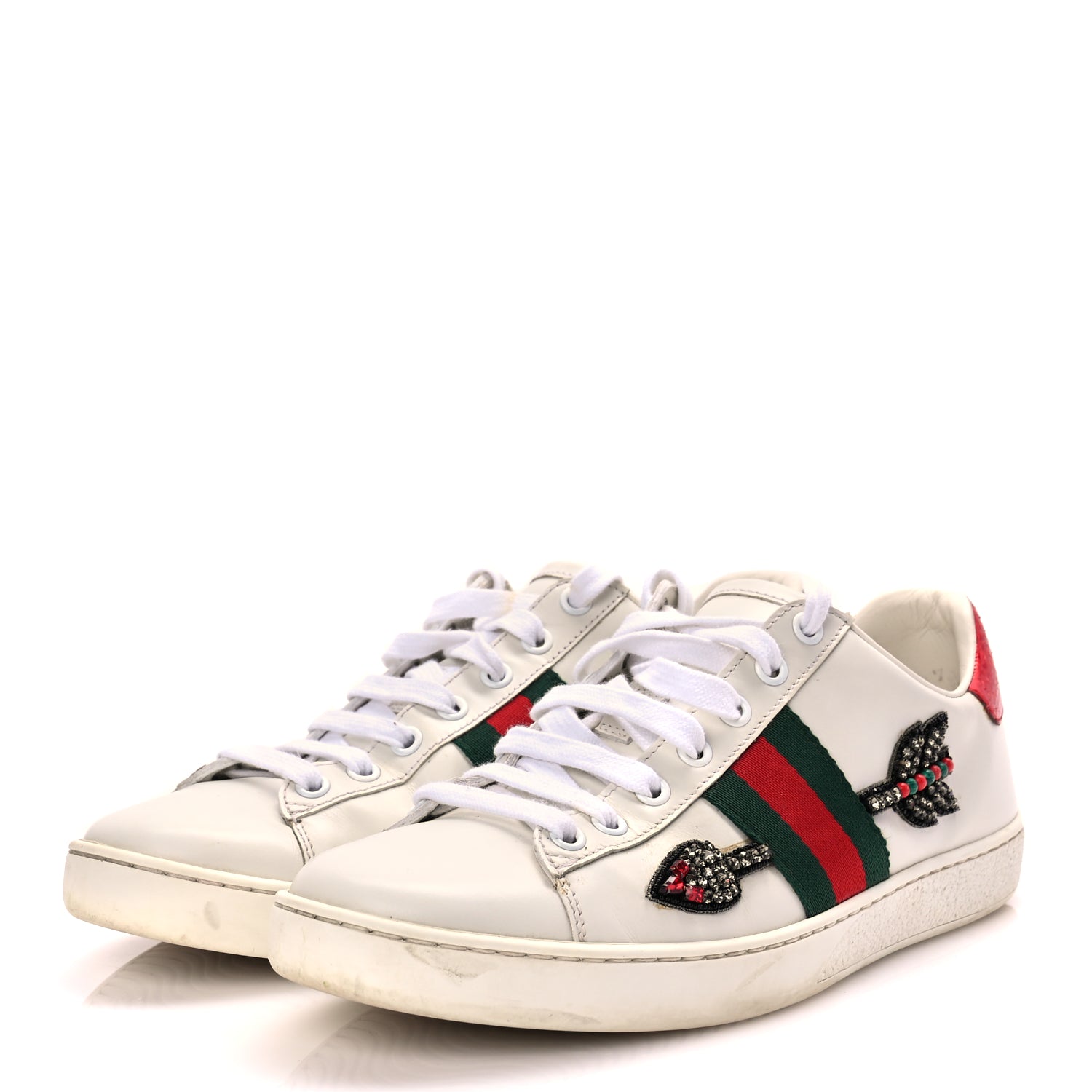 Gucci Calfskin Web Studded Womens Arrow Ace Sneakers 39 White