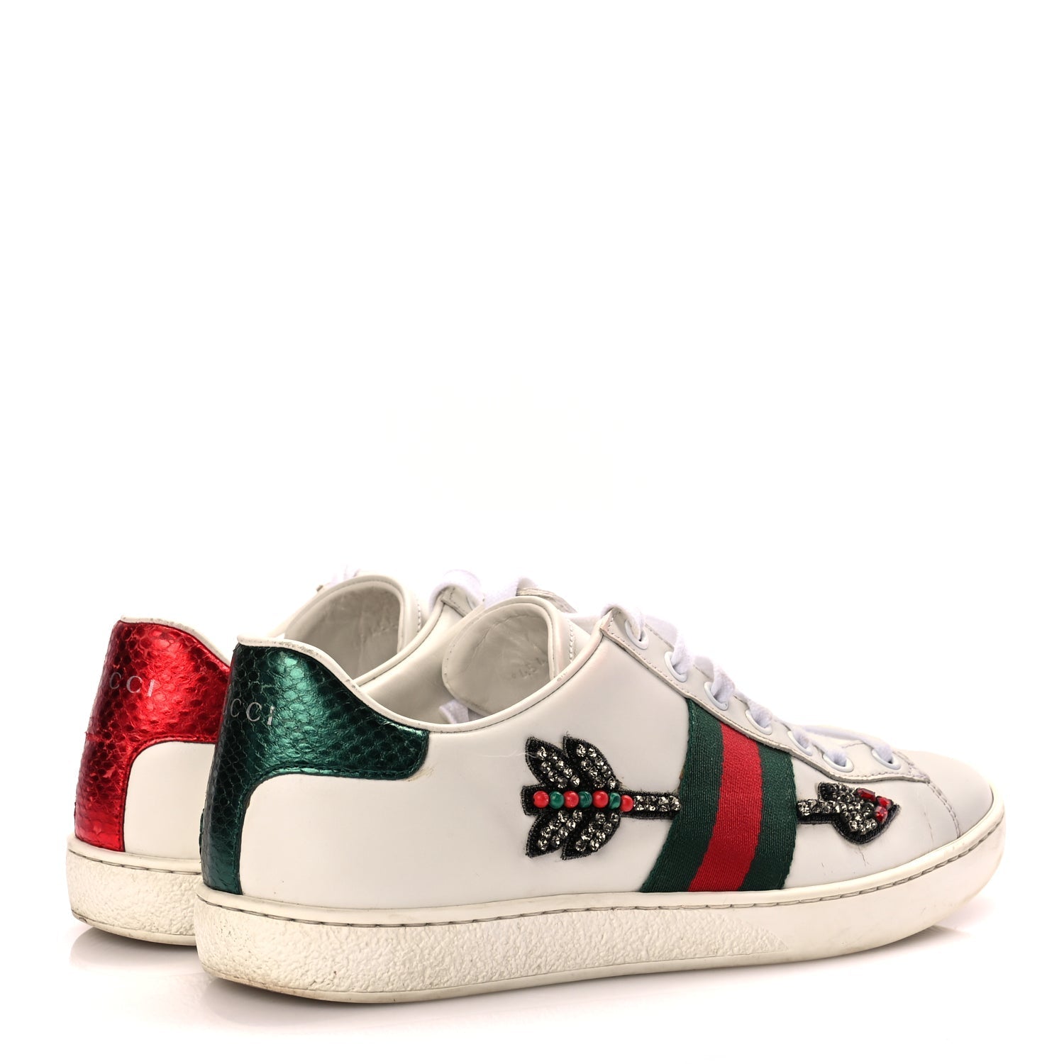 Gucci Calfskin Web Studded Womens Arrow Ace Sneakers 39 White