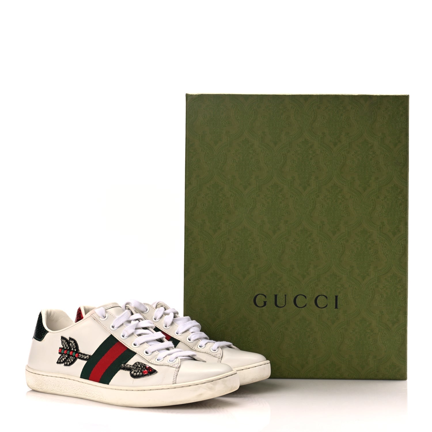 Gucci Calfskin Web Studded Womens Arrow Ace Sneakers 39 White
